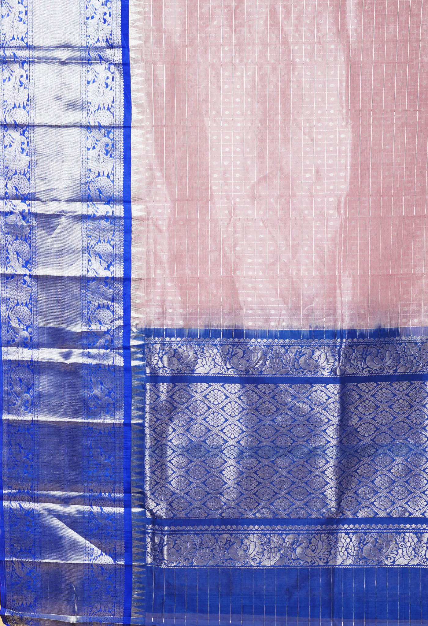 Peach PinkDark Blue Pure Handloom Assam Silk Saree