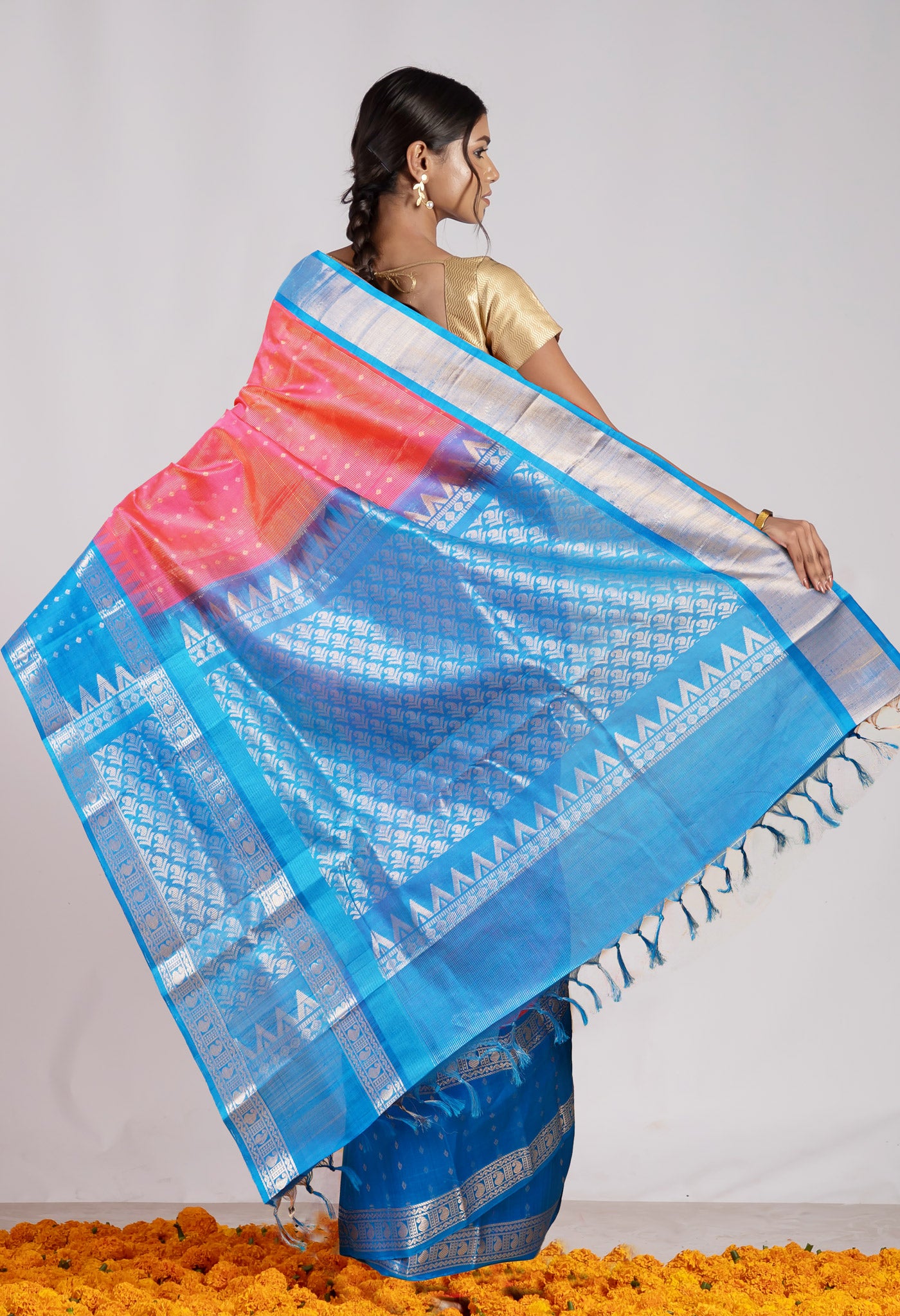 Pink-Blue Pure Handloom Assam Silk Saree