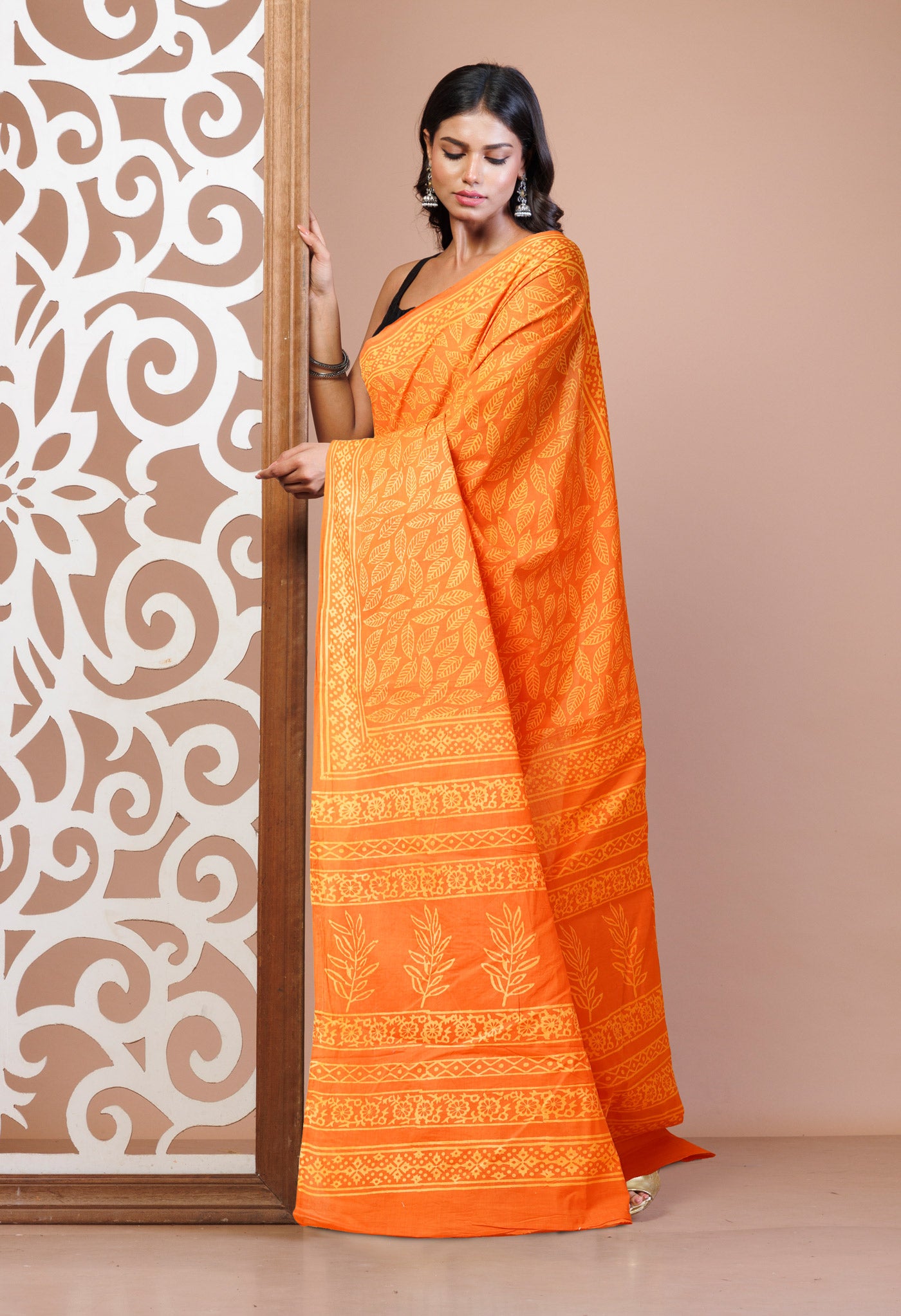 Orange Pure Hand Block Printed Soft Cotton Saree-UNM78150