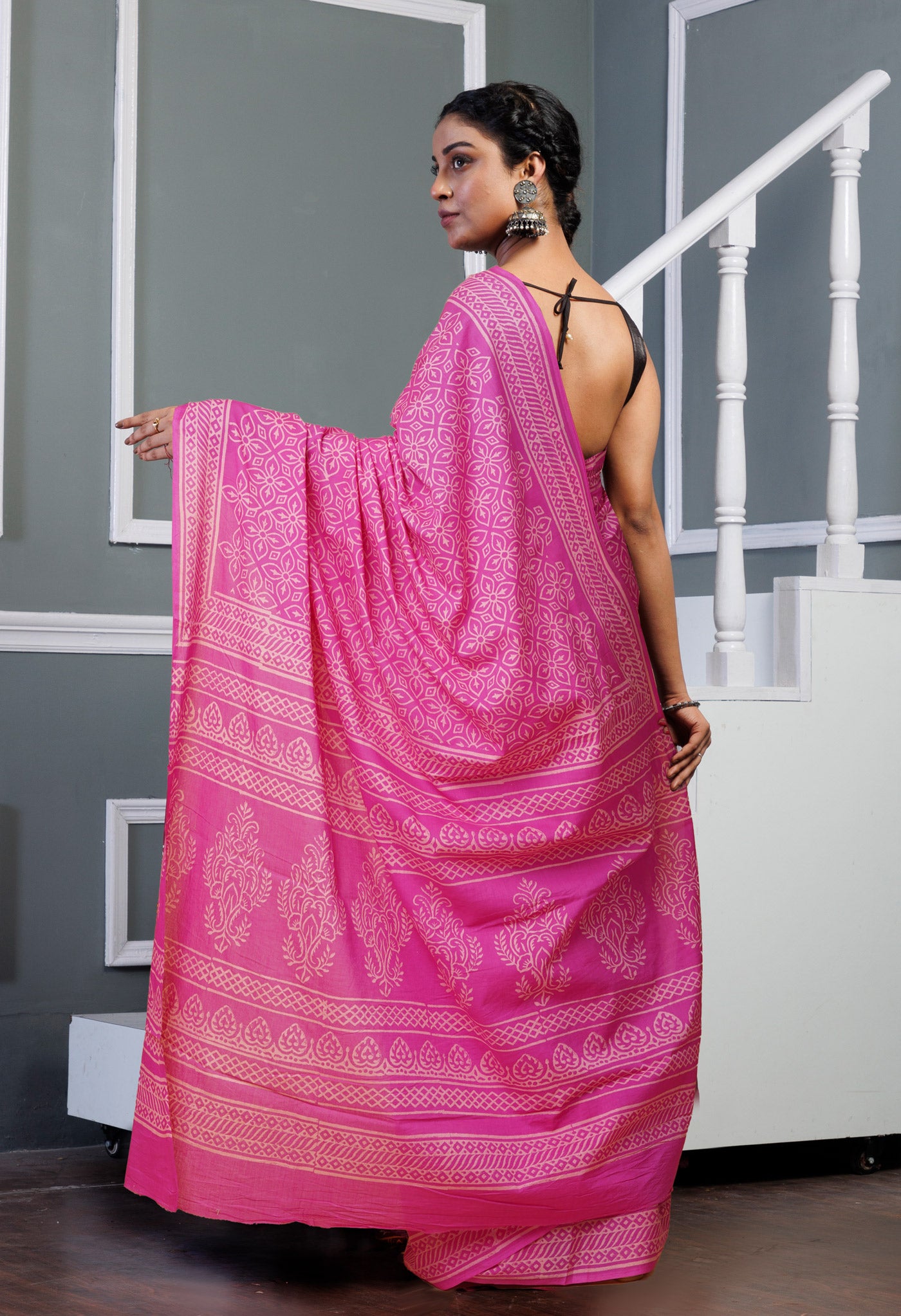 Pink Pure Hand Block Printed Soft Cotton Saree-UNM78154