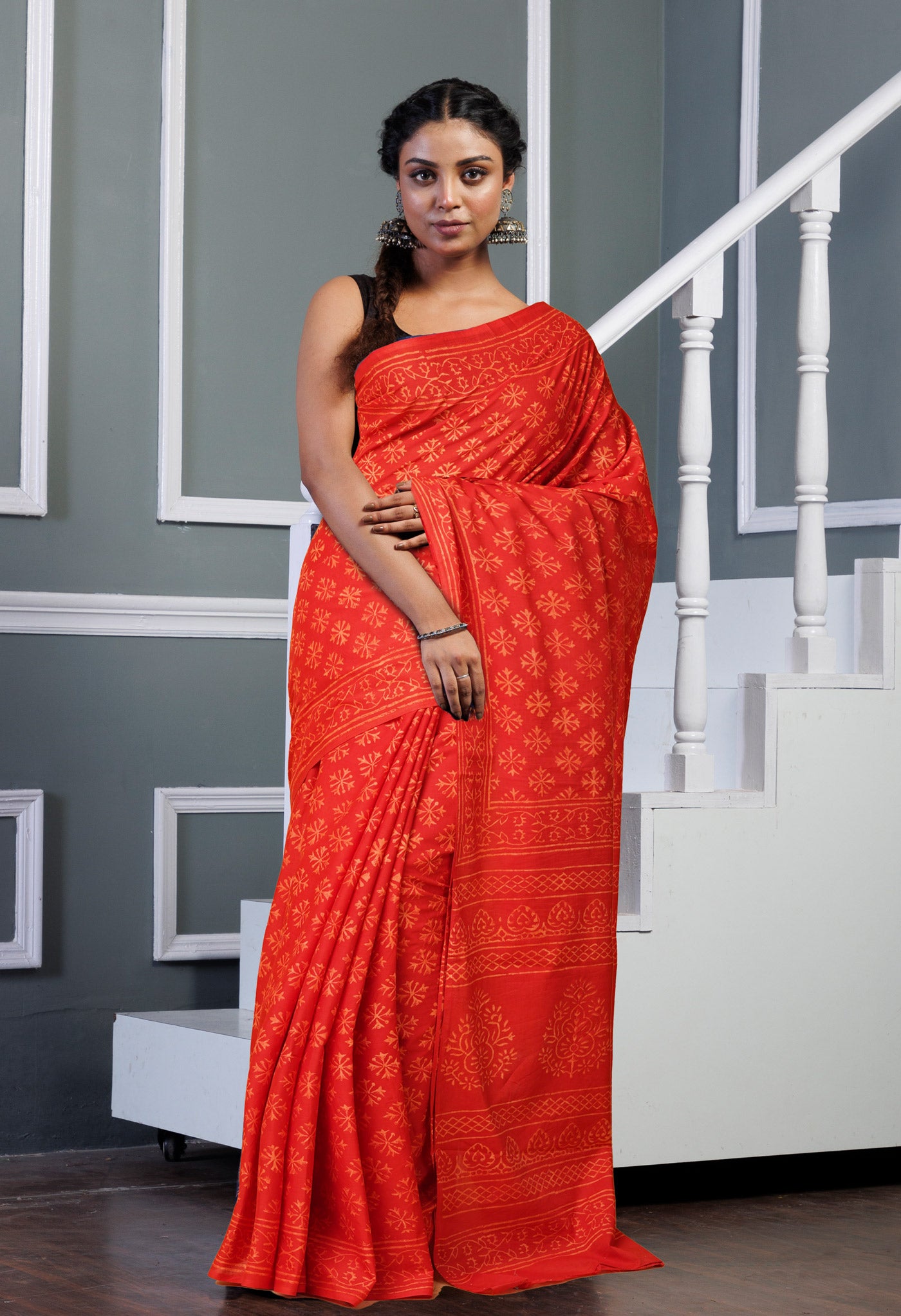 Red Pure Hand Block Printed Soft Cotton Saree-UNM78157