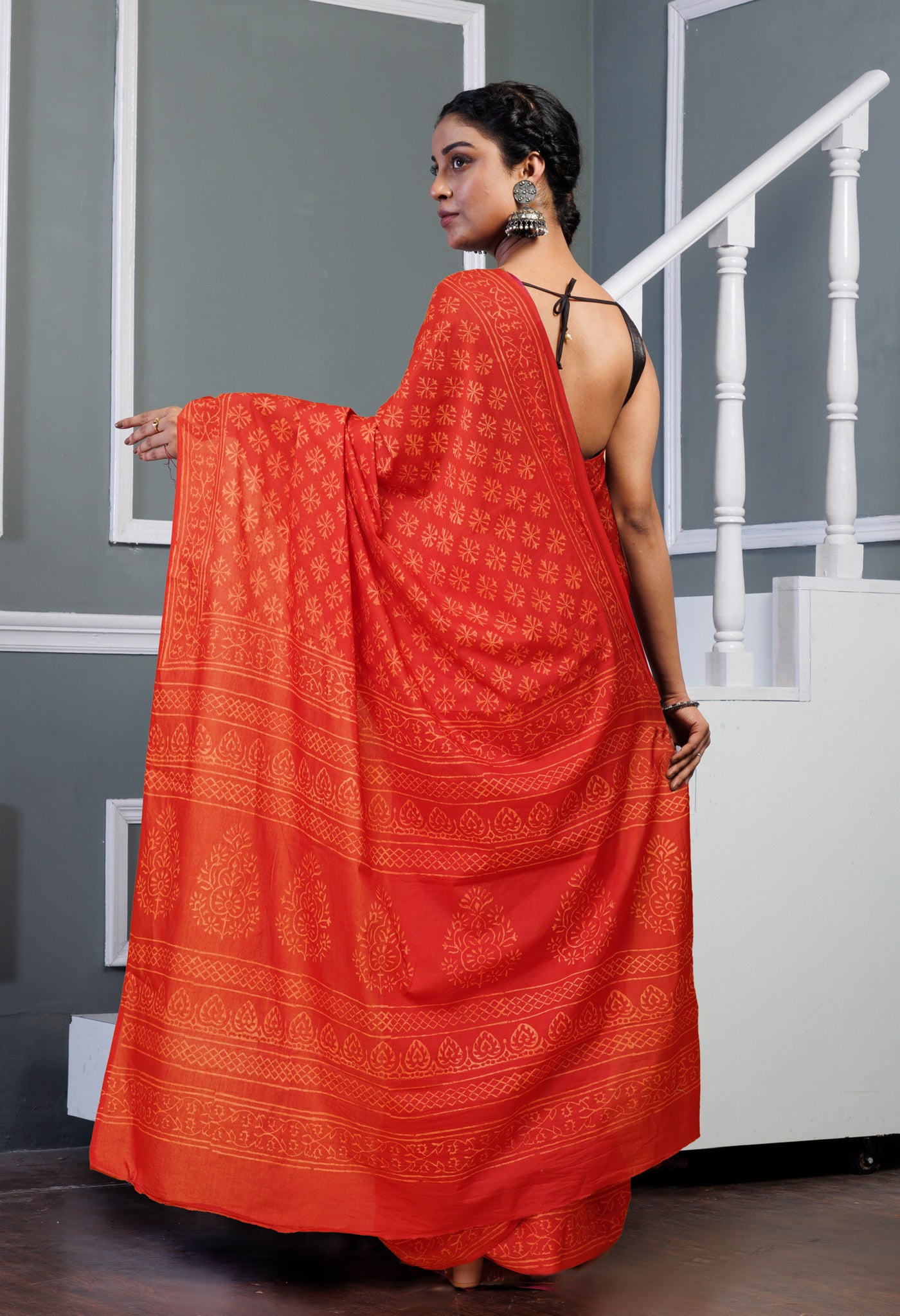 Red Pure Hand Block Printed Soft Cotton Saree-UNM78157