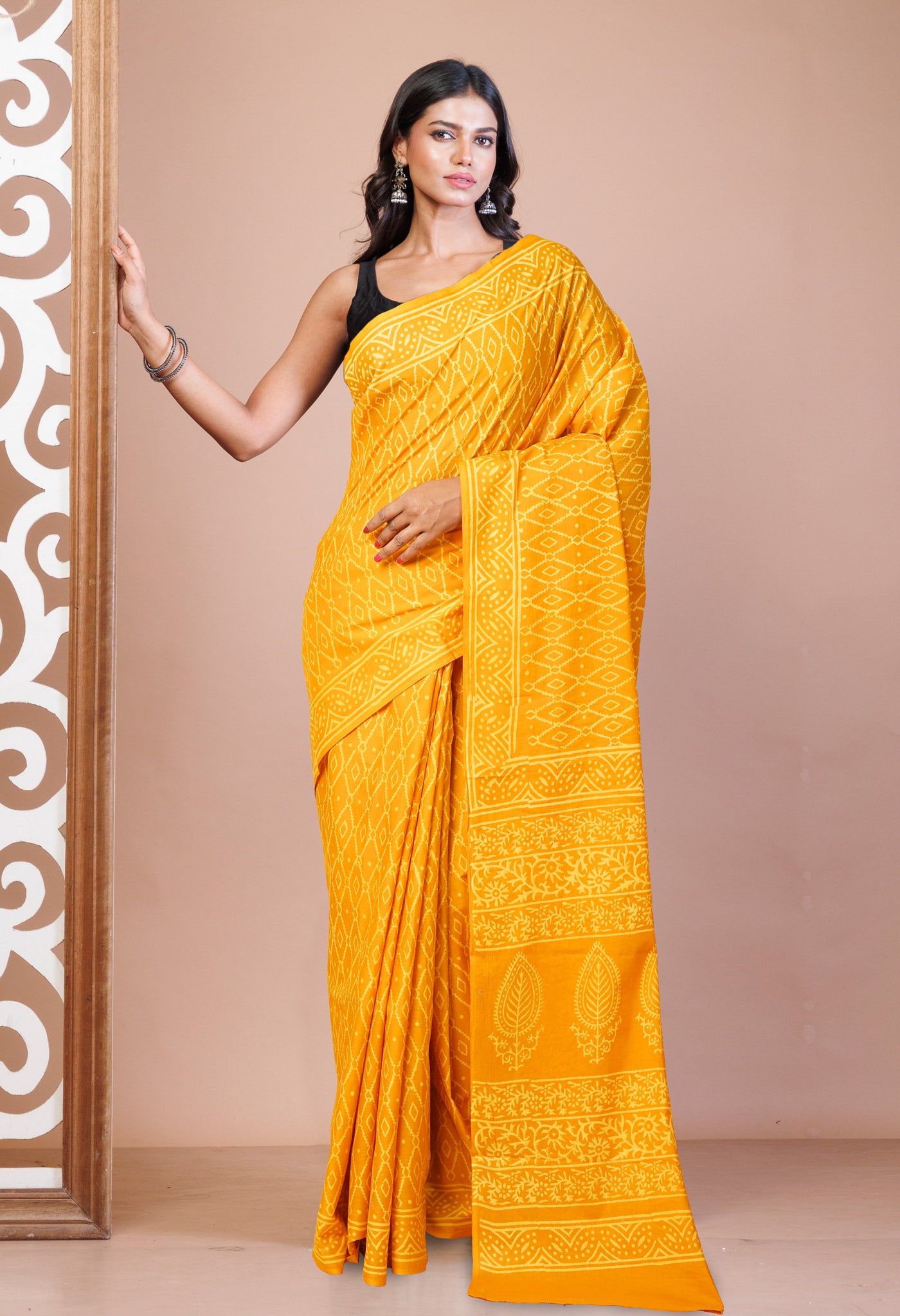 Yellow Pure Hand Block Printed Soft Cotton Saree-UNM78158