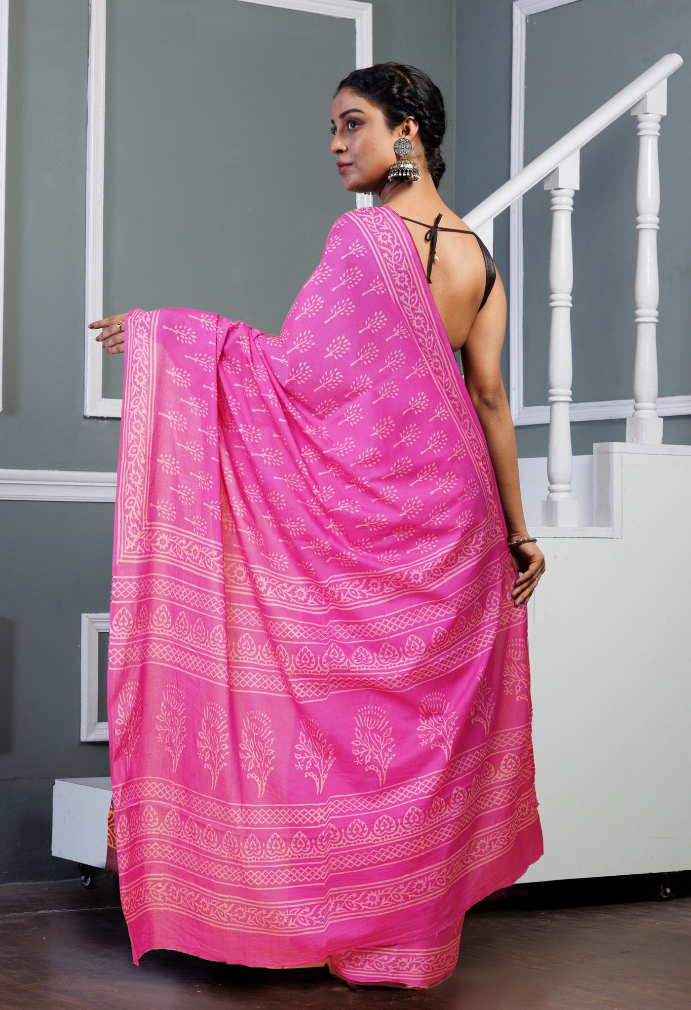 Pink Pure Hand Block Printed Soft Cotton Saree-UNM78159