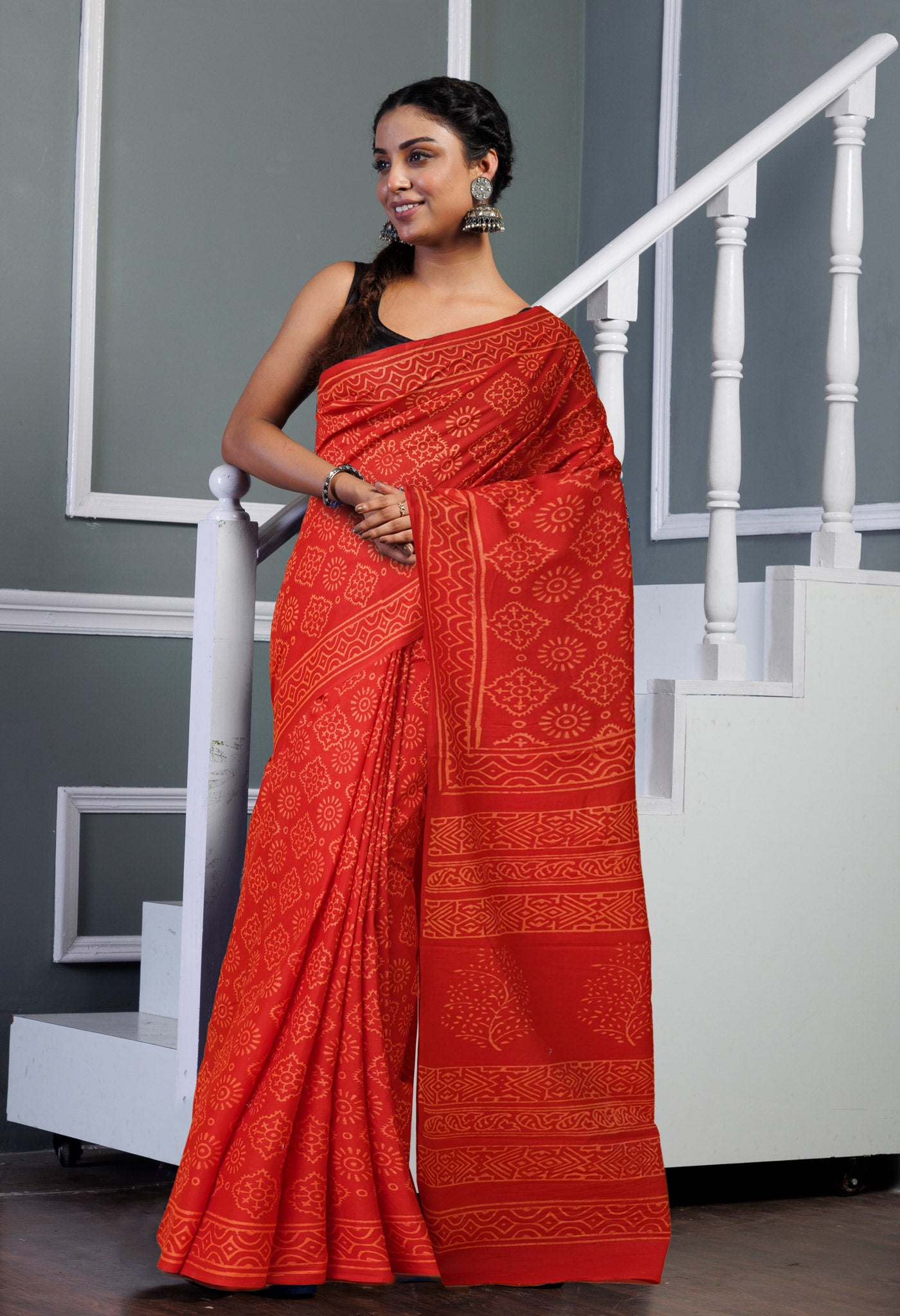 Red Pure Hand Block Printed Soft Cotton Saree-UNM78162