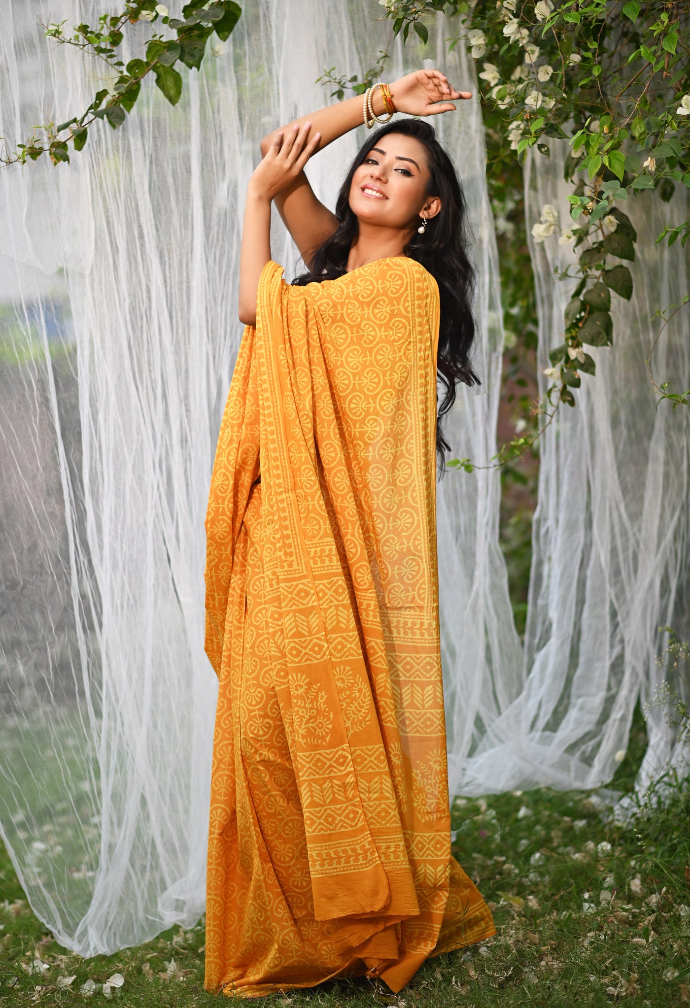 Yellow Pure Hand Block Printed Soft Cotton Saree-UNM78163