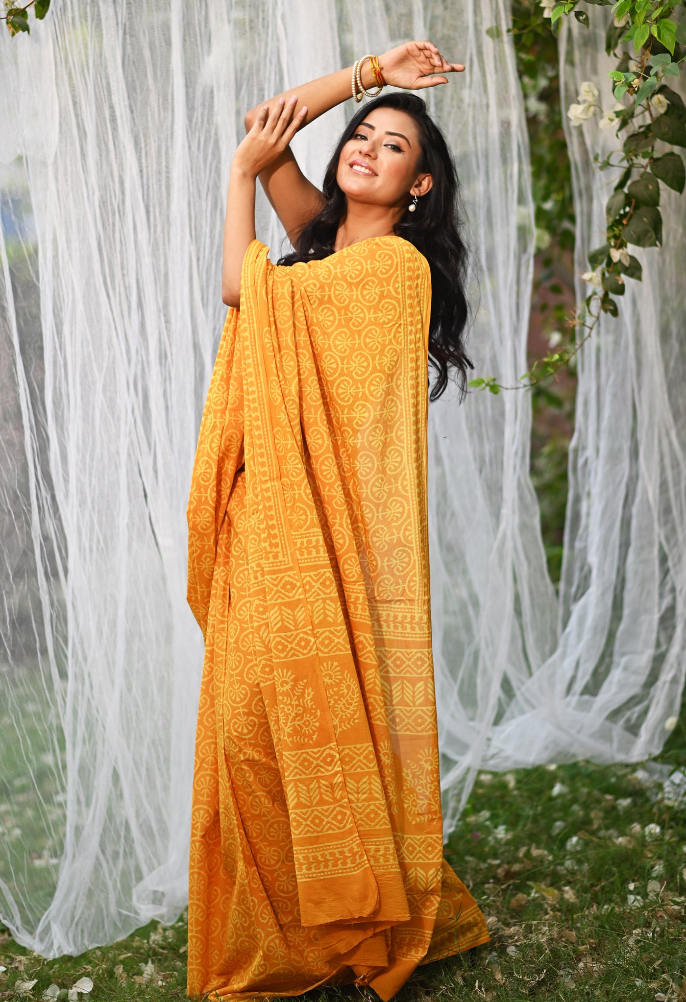 Yellow Pure Hand Block Printed Soft Cotton Saree-UNM78163