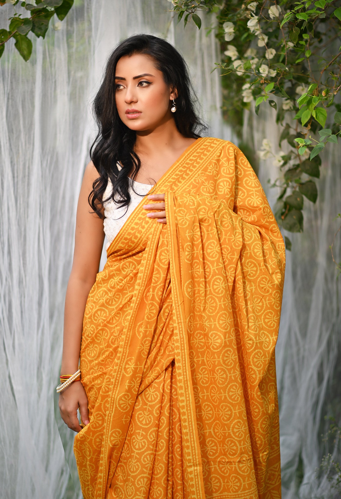 Yellow Pure Hand Block Printed Soft Cotton Saree-UNM78163