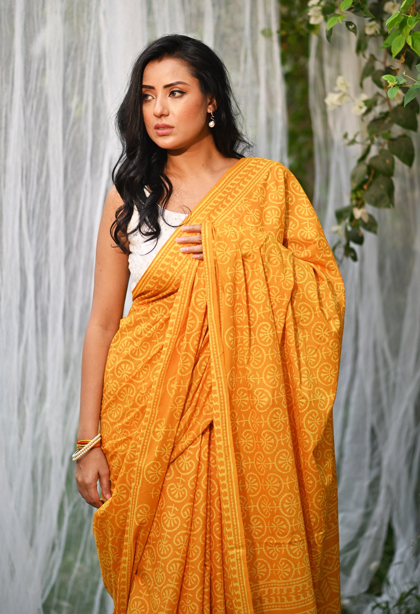 Yellow Pure Hand Block Printed Soft Cotton Saree-UNM78163