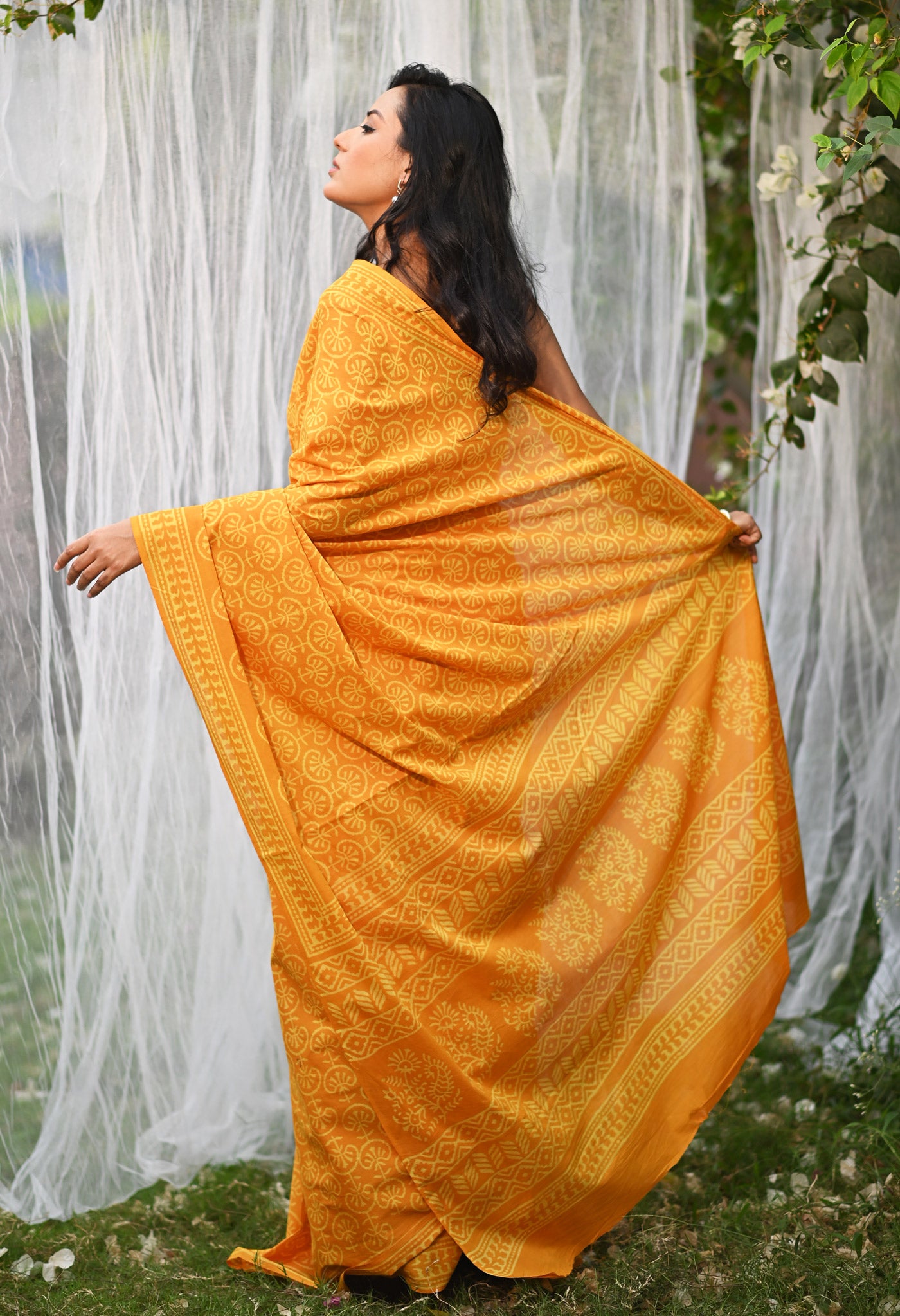 Yellow Pure Hand Block Printed Soft Cotton Saree-UNM78163