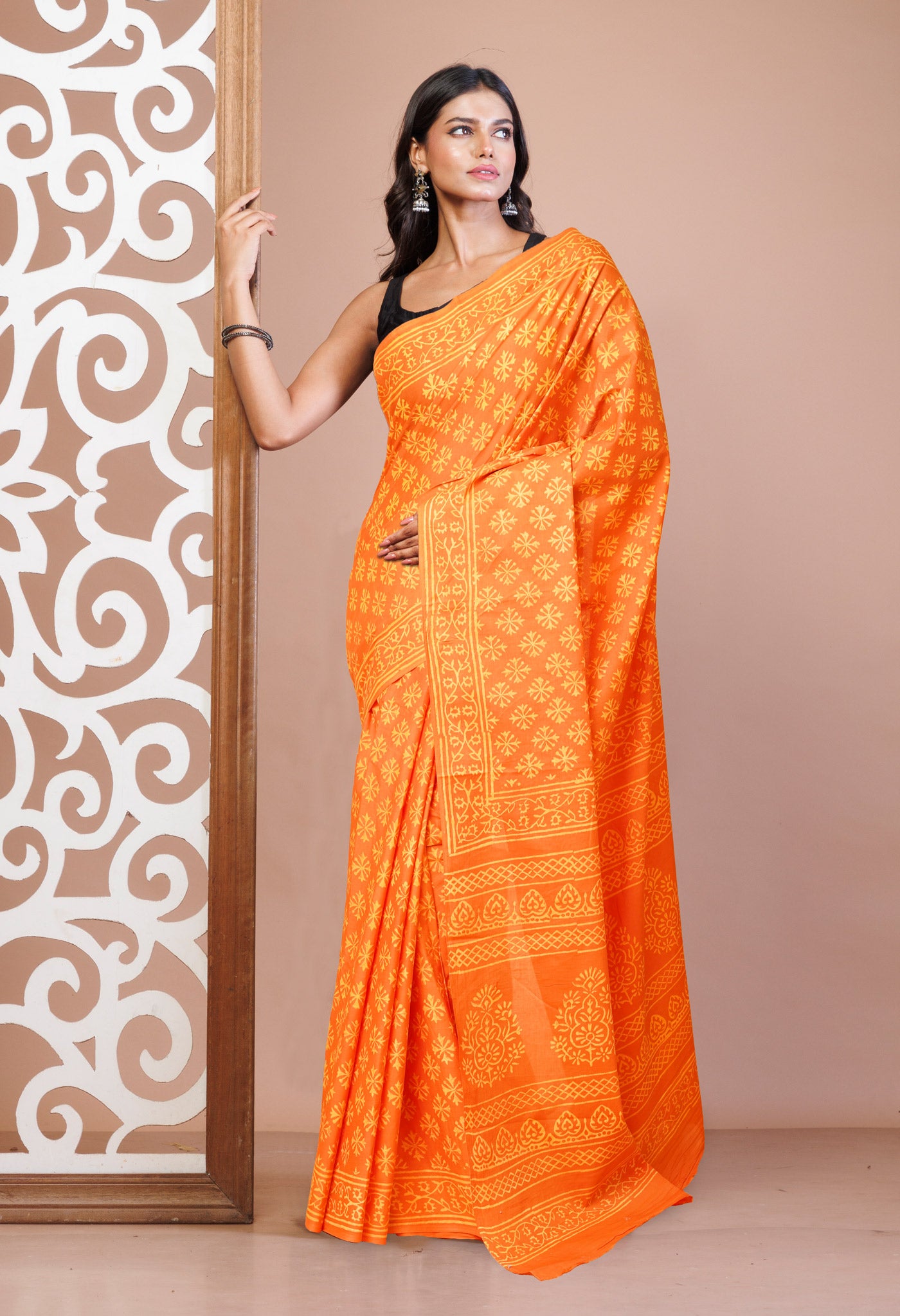 Orange Pure Hand Block Printed Soft Cotton Saree-UNM78165