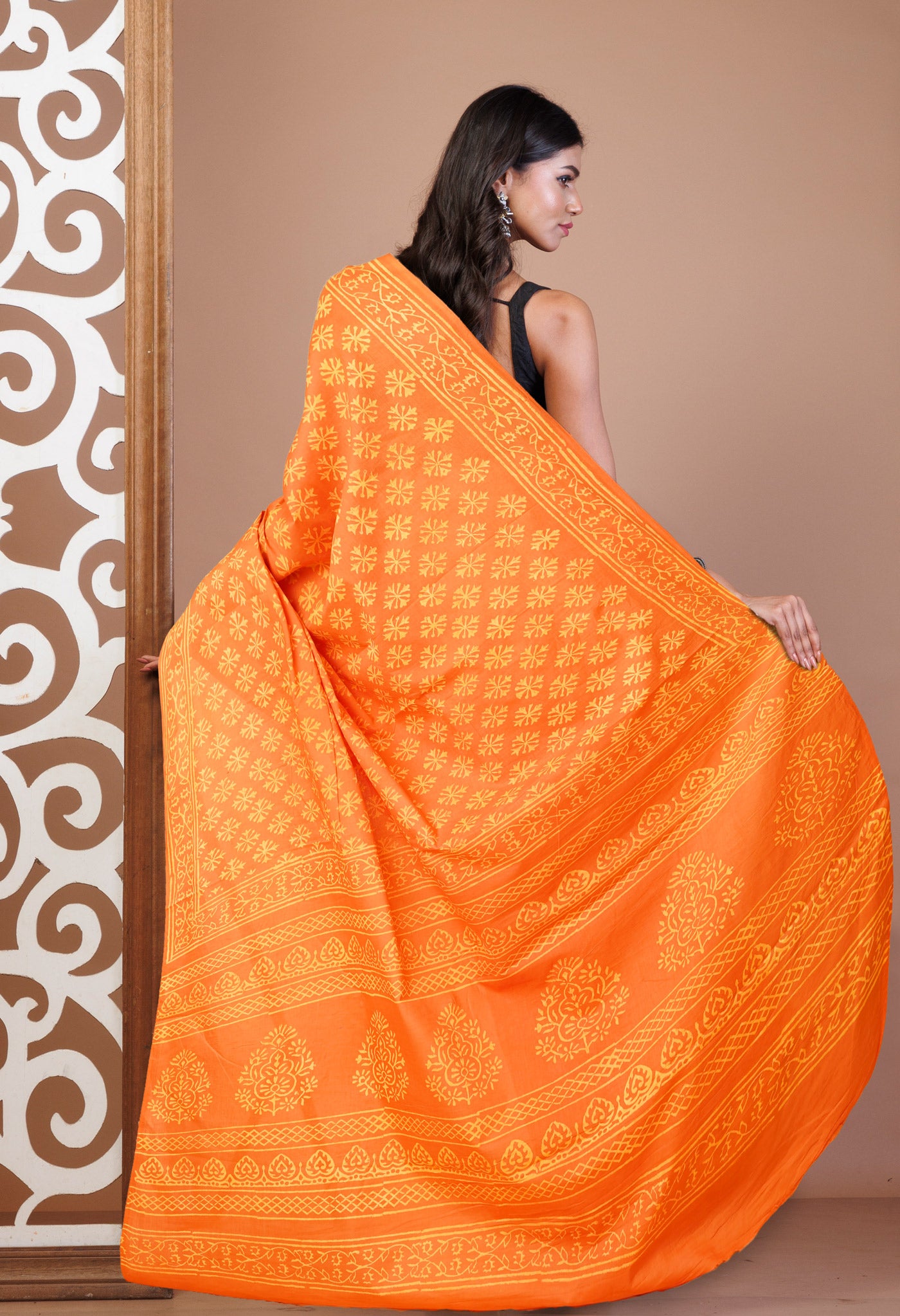 Orange Pure Hand Block Printed Soft Cotton Saree-UNM78165