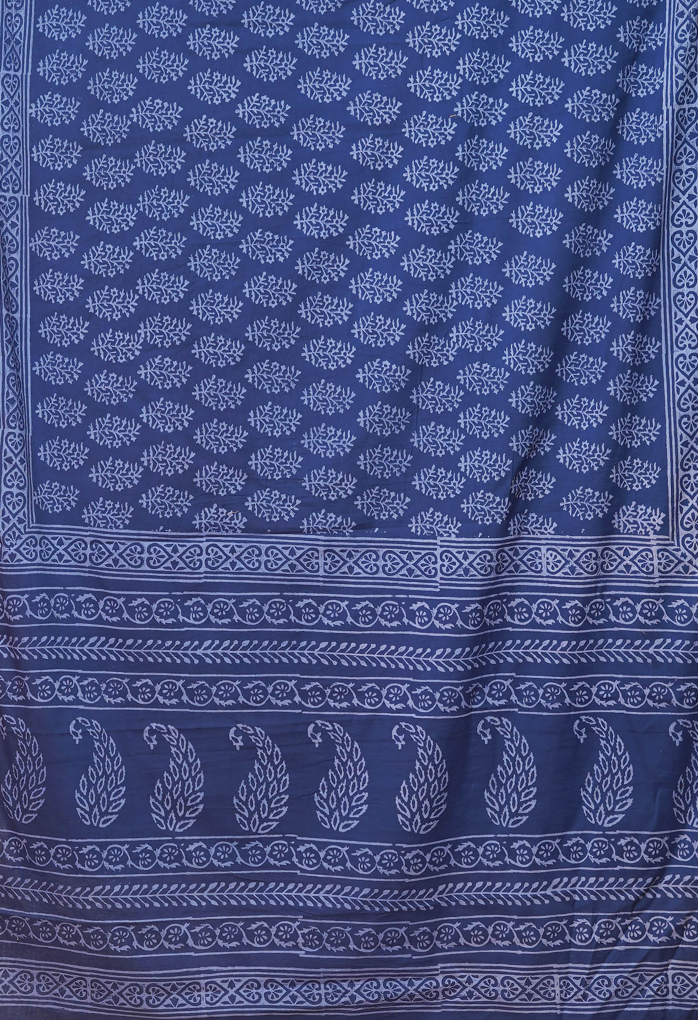 Navy Blue Pure Hand Block Printed Soft Cotton Saree-UNM78166