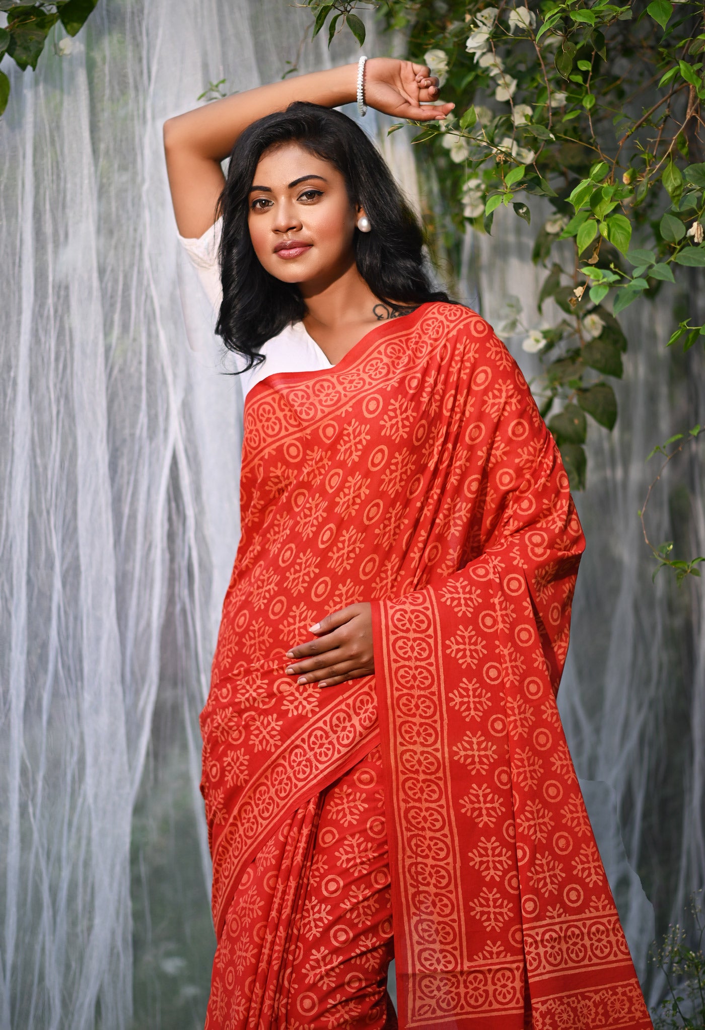 Red Pure Hand Block Printed Soft Cotton Saree-UNM78167