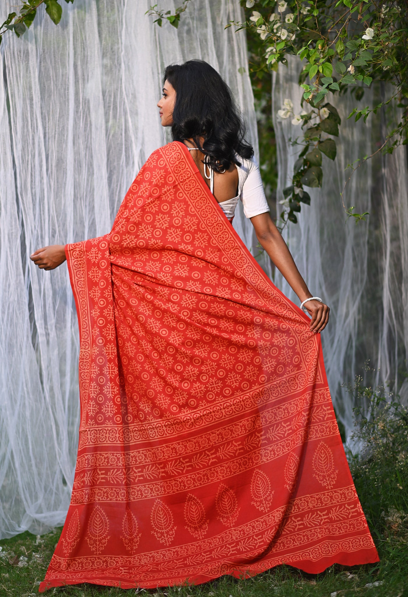 Red Pure Hand Block Printed Soft Cotton Saree-UNM78167