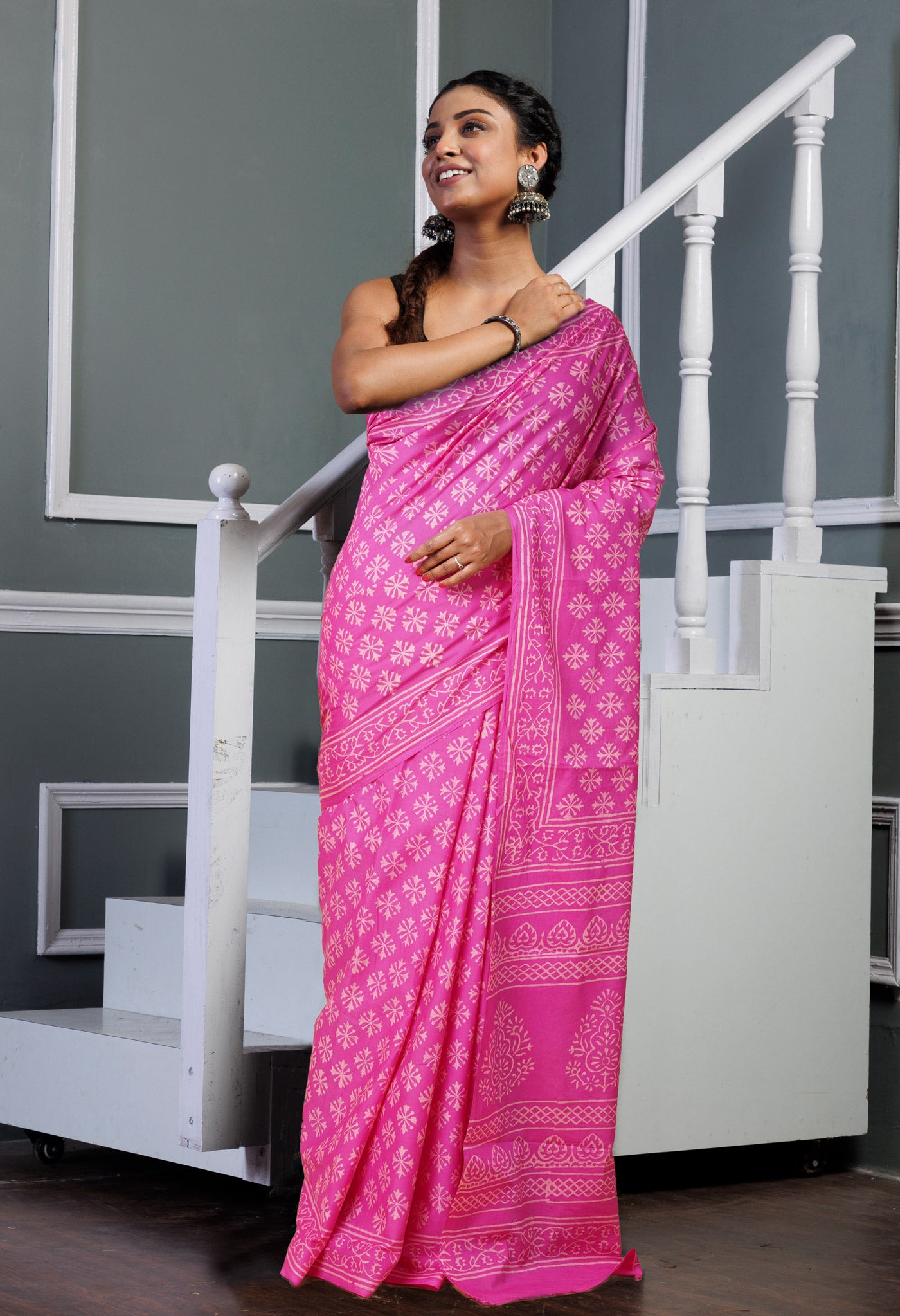 Pink Pure Hand Block Printed Soft Cotton Saree-UNM78169