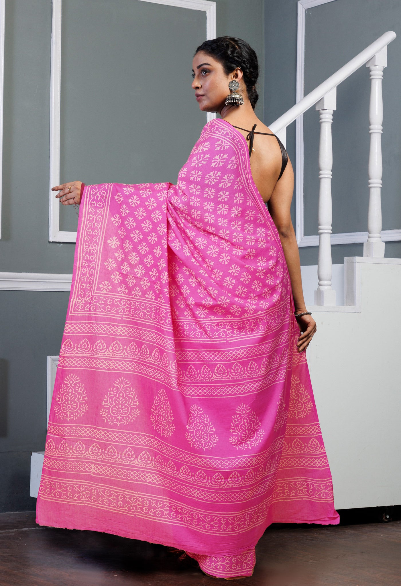 Pink Pure Hand Block Printed Soft Cotton Saree-UNM78169