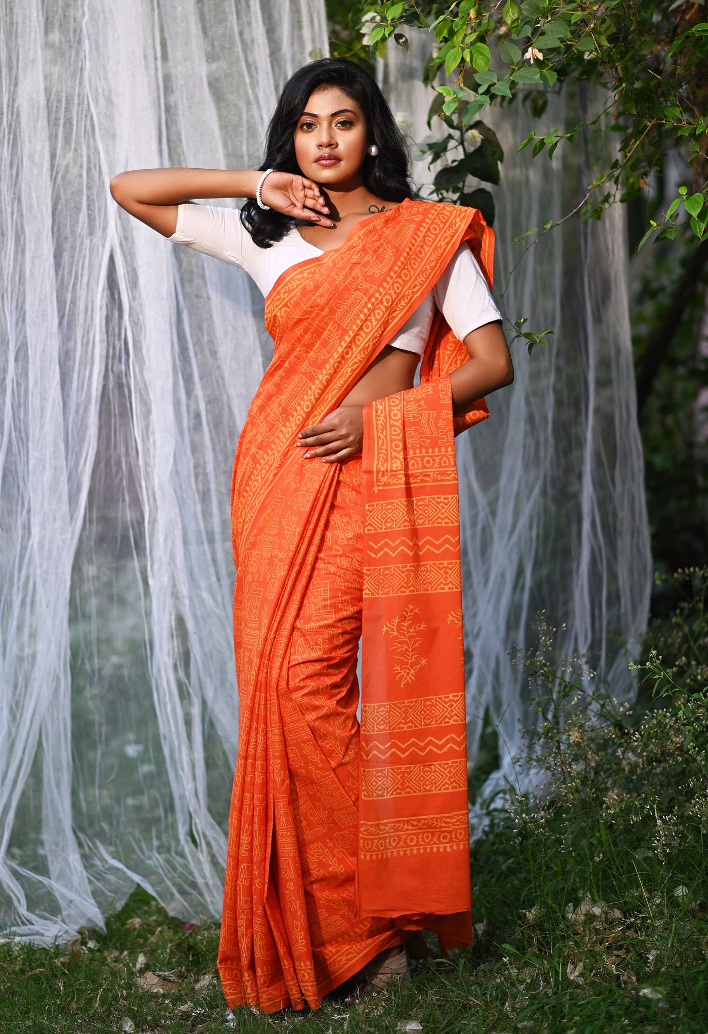 Orange Pure Hand Block Printed Soft Cotton Saree-UNM78170