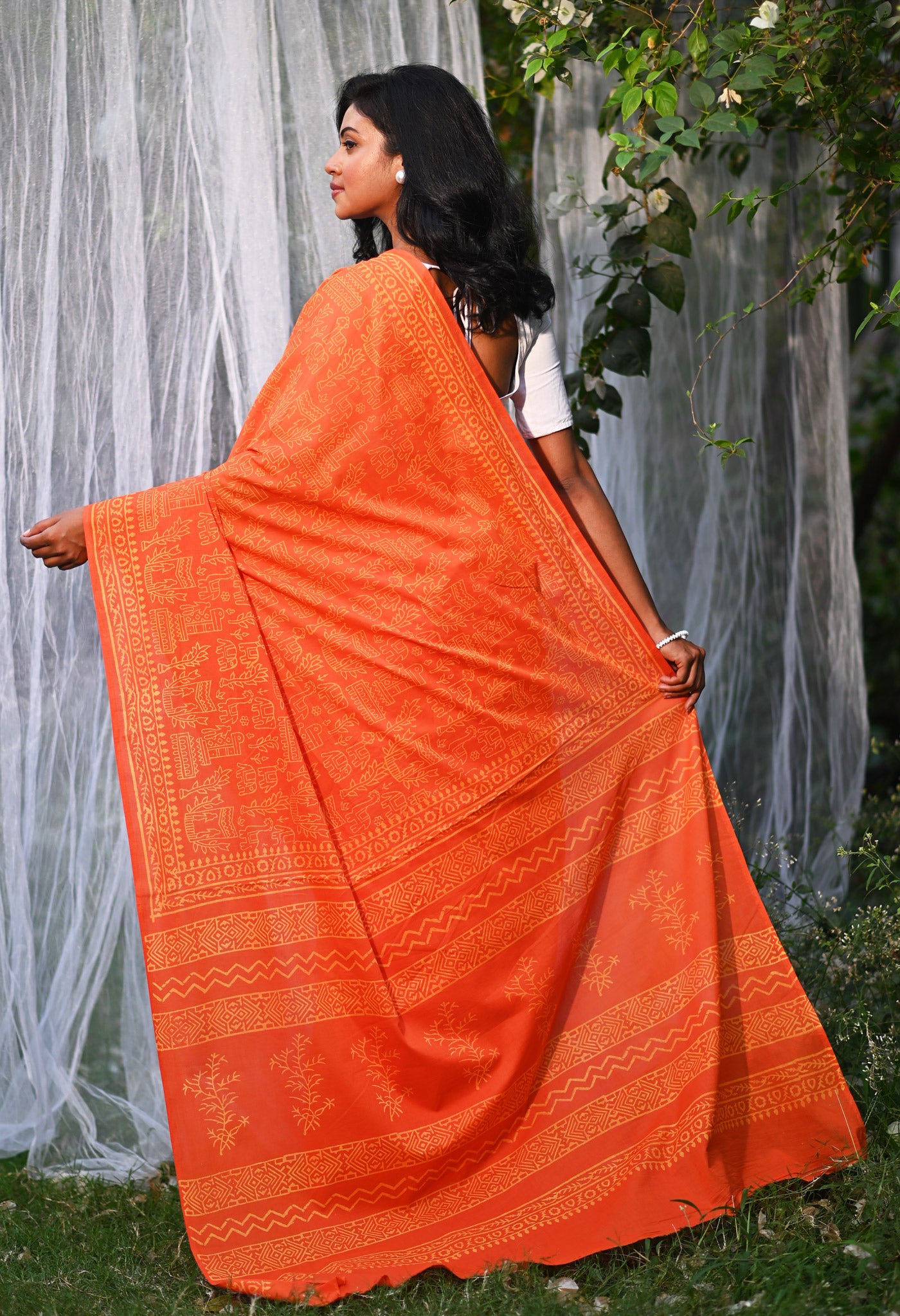 Orange Pure Hand Block Printed Soft Cotton Saree-UNM78170