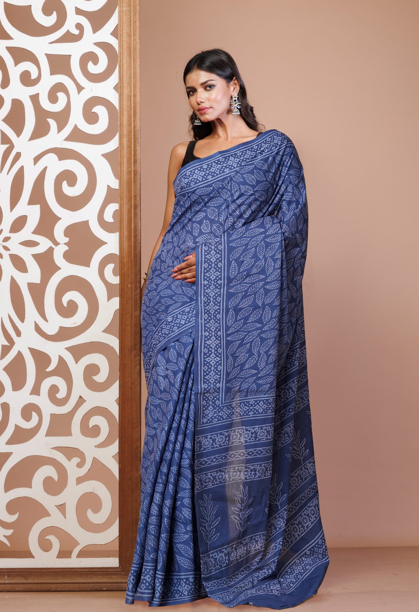 Navy Blue Pure Hand Block Printed Soft Cotton Saree-UNM78172