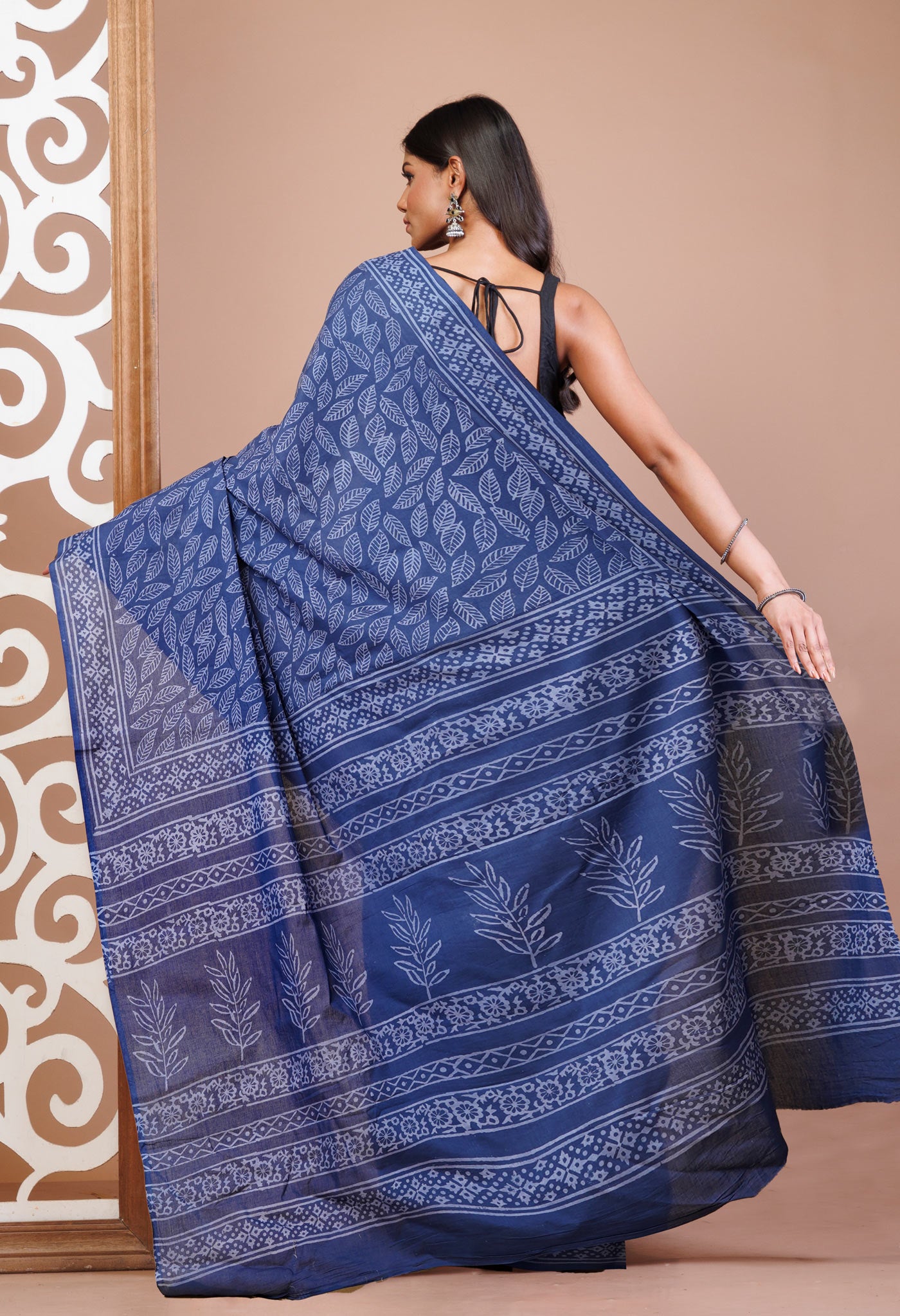 Navy Blue Pure Hand Block Printed Soft Cotton Saree-UNM78172