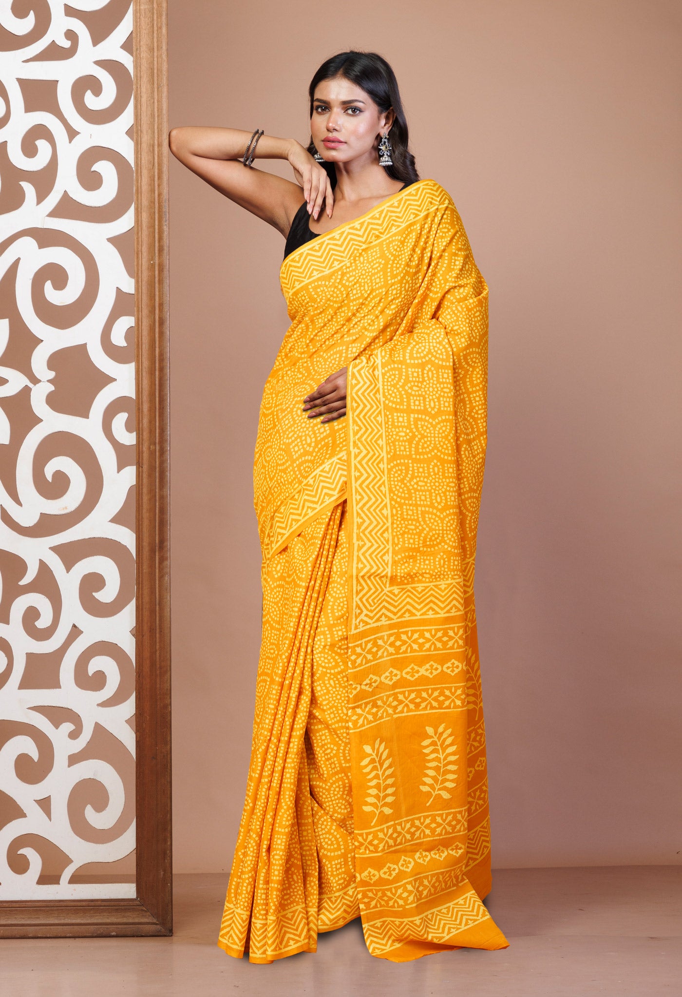 Yellow Pure Hand Block Printed Soft Cotton Saree-UNM78173