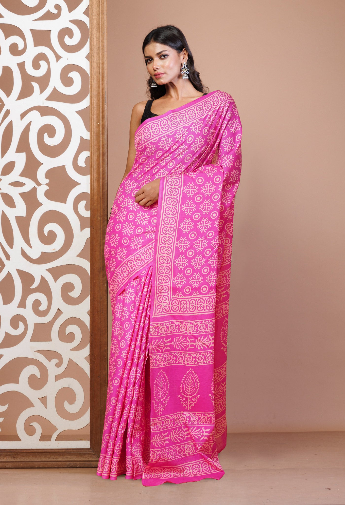 Pink Pure Hand Block Printed Soft Cotton Saree-UNM78174