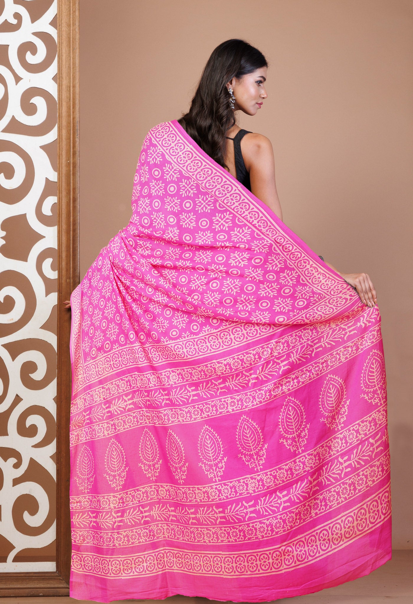 Pink Pure Hand Block Printed Soft Cotton Saree-UNM78174