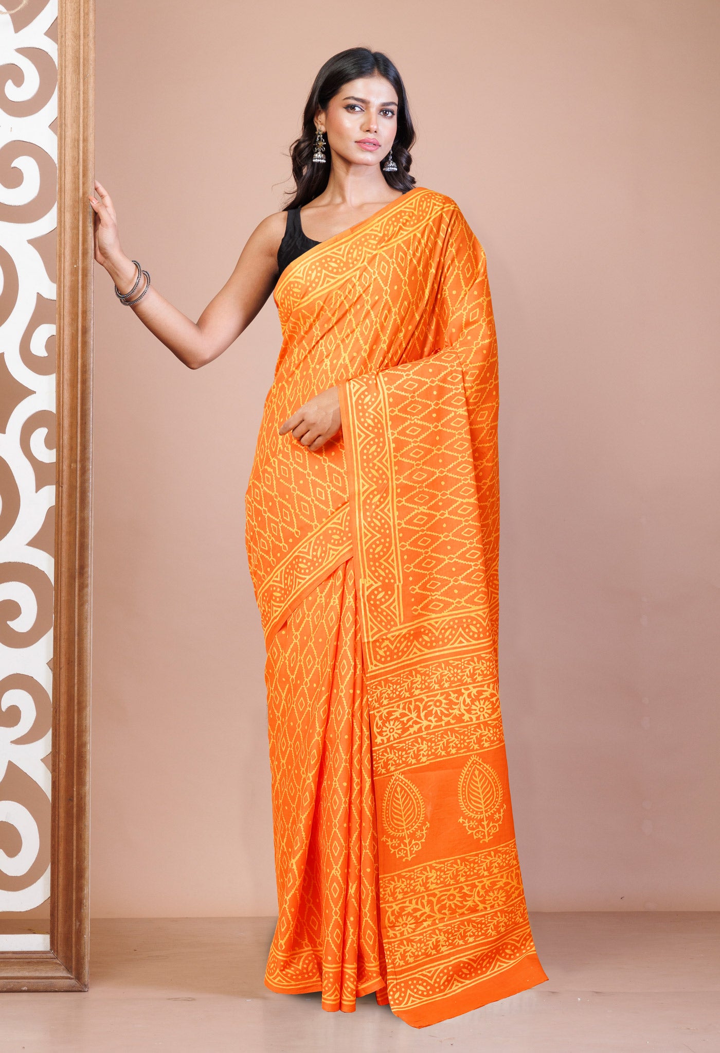 Orange Pure Hand Block Printed Soft Cotton Saree-UNM78175