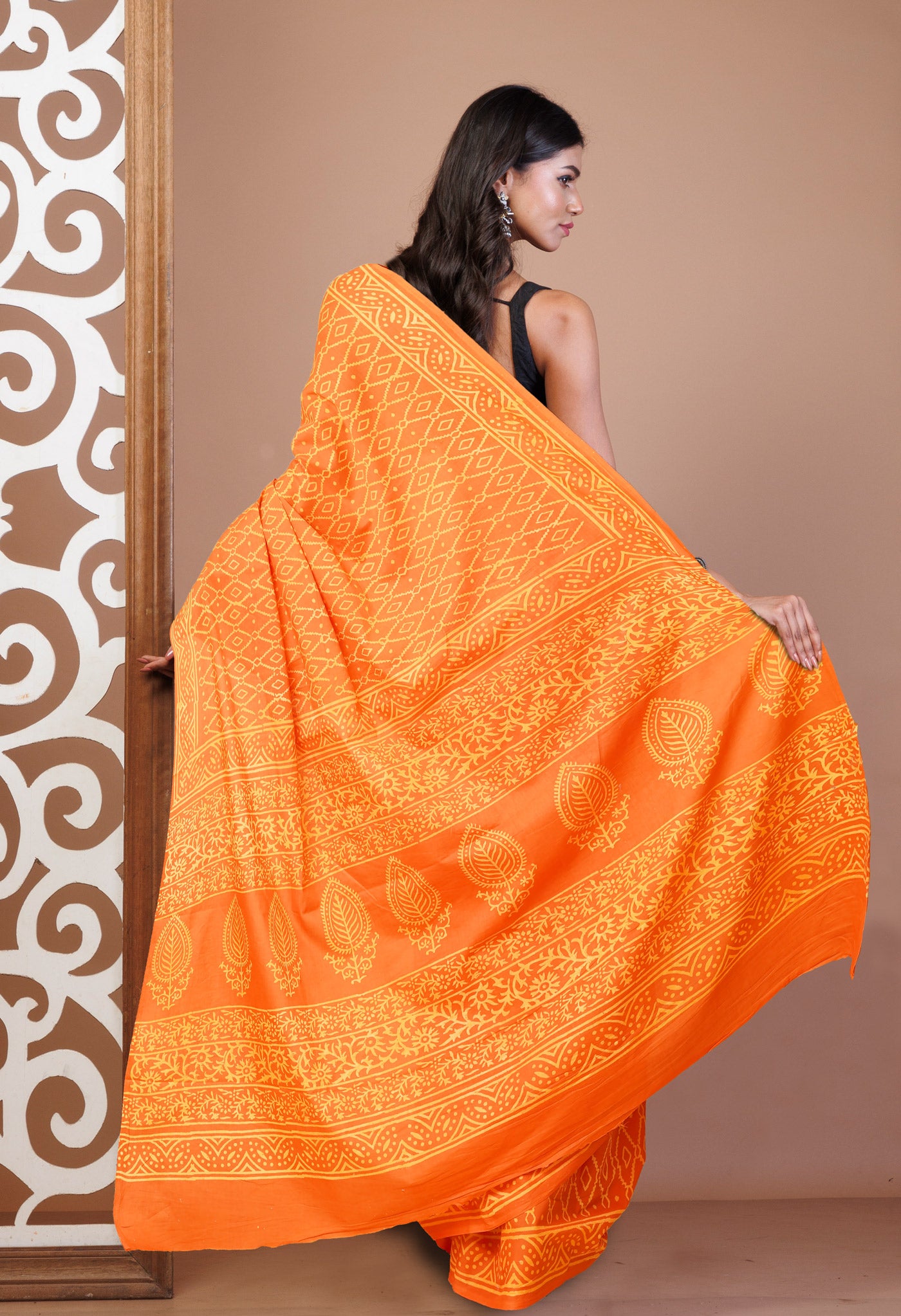 Orange Pure Hand Block Printed Soft Cotton Saree-UNM78175