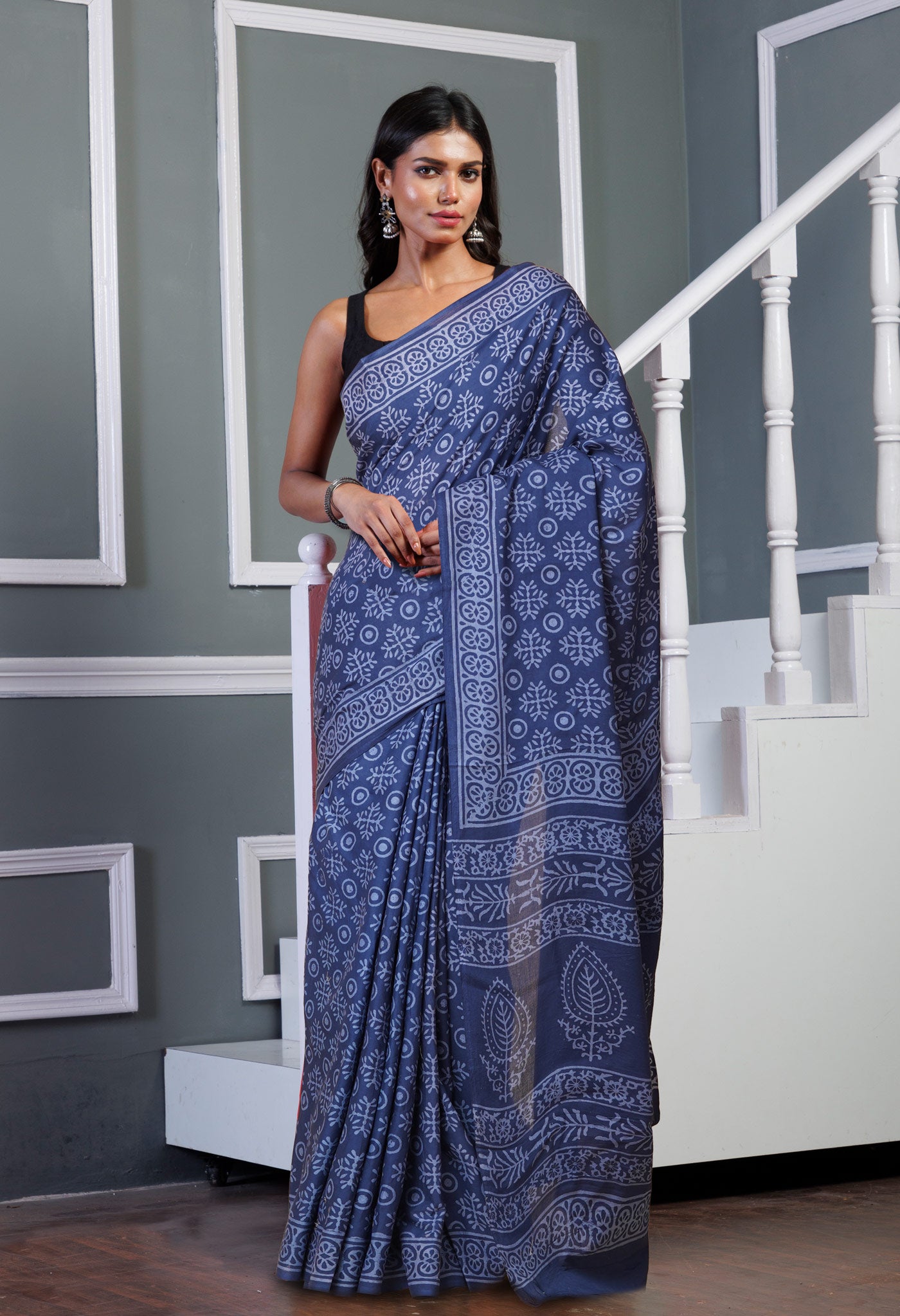 Navy Blue Pure Hand Block Printed Soft Cotton Saree-UNM78176