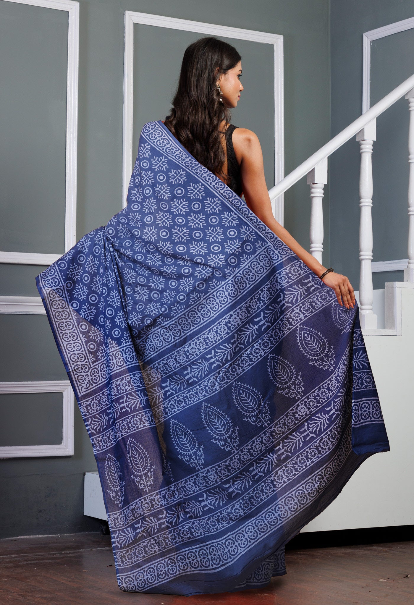 Navy Blue Pure Hand Block Printed Soft Cotton Saree-UNM78176