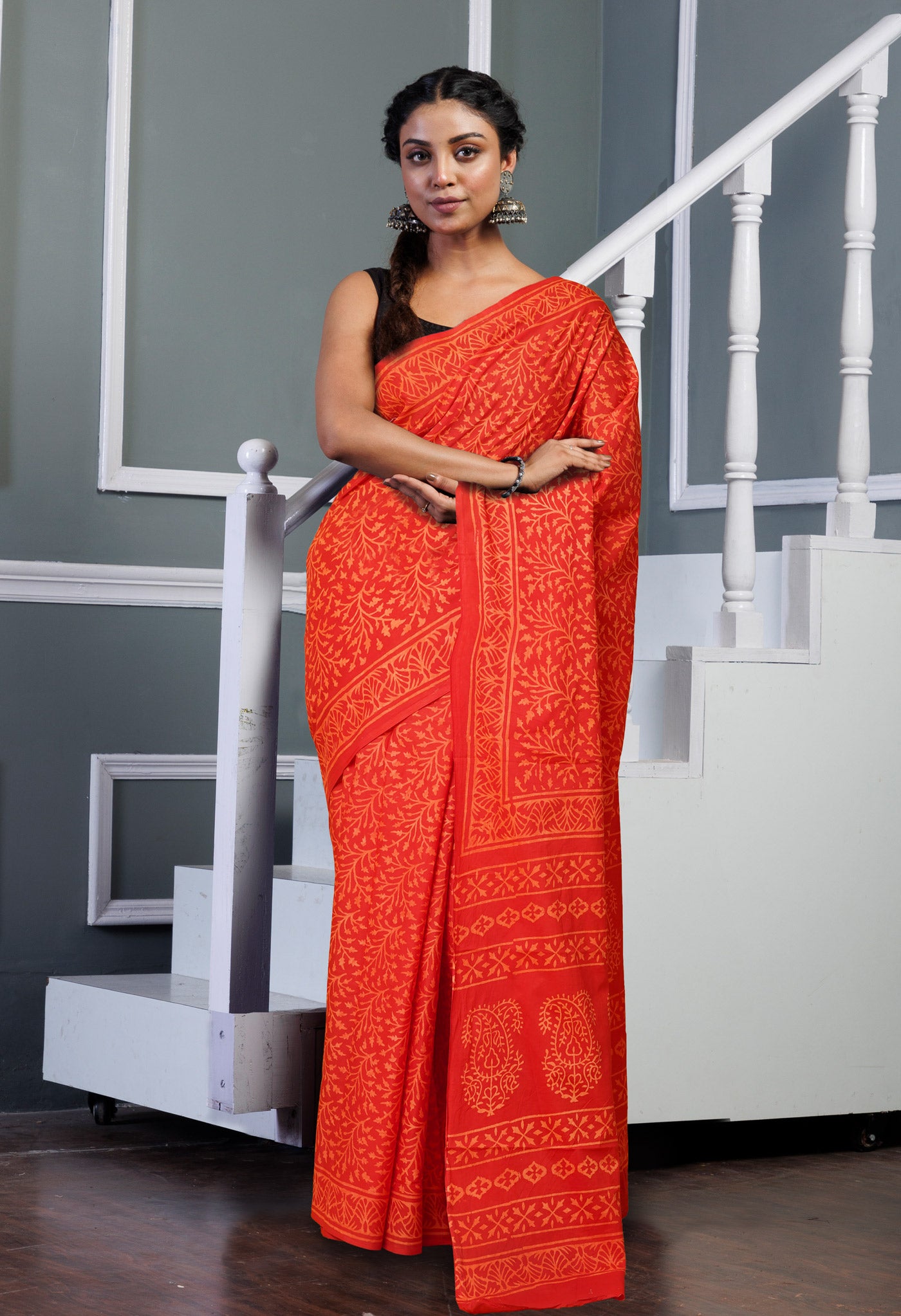 Red Pure Hand Block Printed Soft Cotton Saree-UNM78177