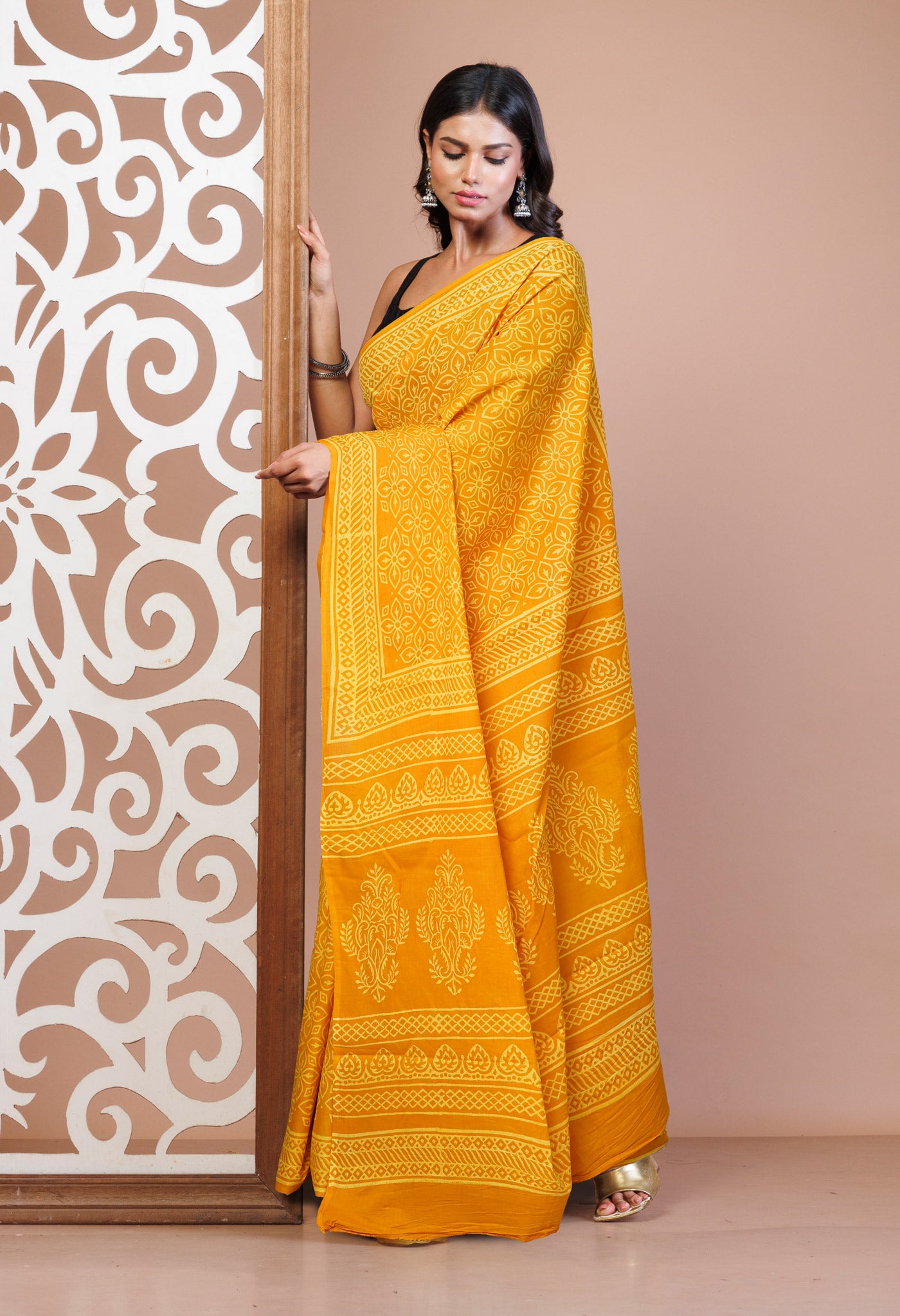 Yellow Pure Hand Block Printed Soft Cotton Saree-UNM78178