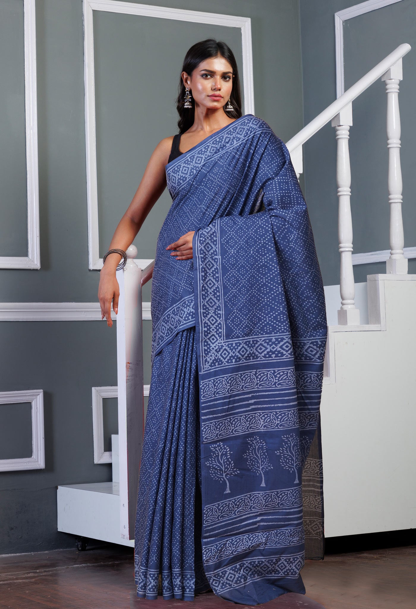 Navy Blue Pure Hand Block Printed Soft Cotton Saree-UNM78181