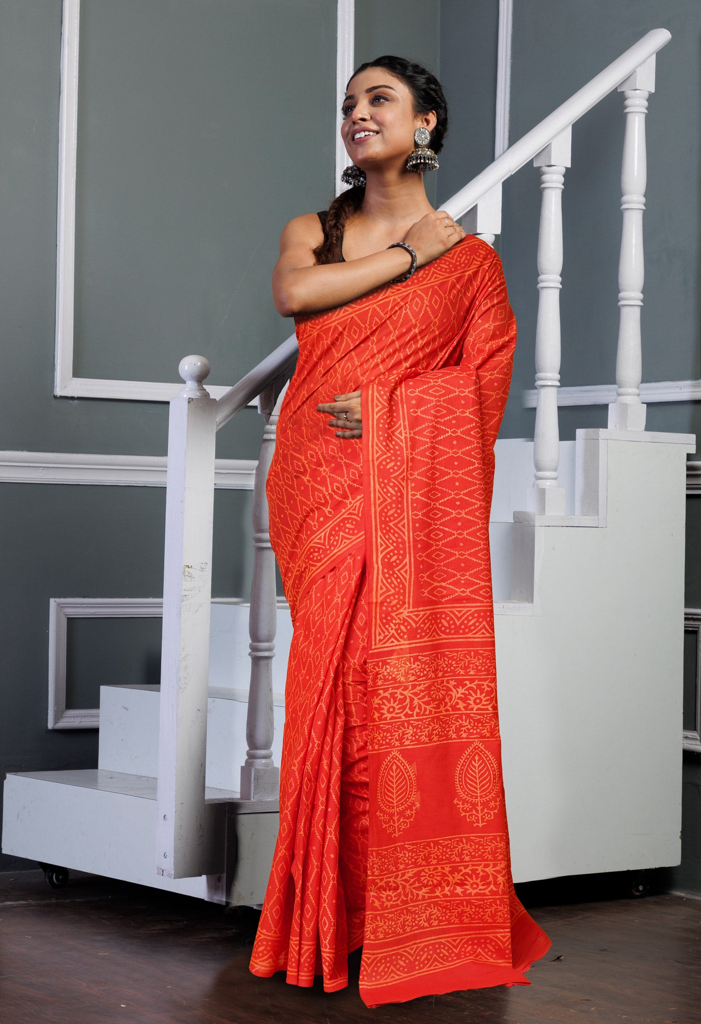 Red Pure Hand Block Printed Soft Cotton Saree-UNM78182