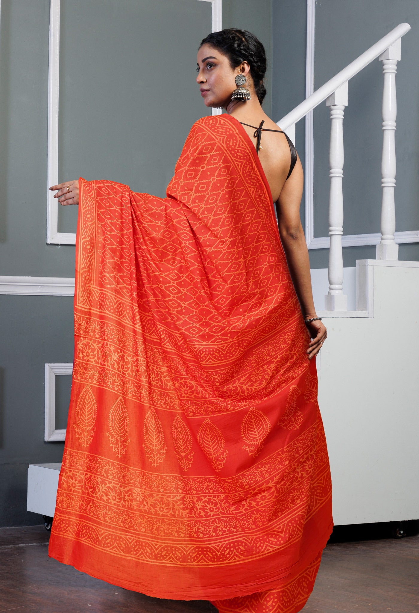 Red Pure Hand Block Printed Soft Cotton Saree-UNM78182