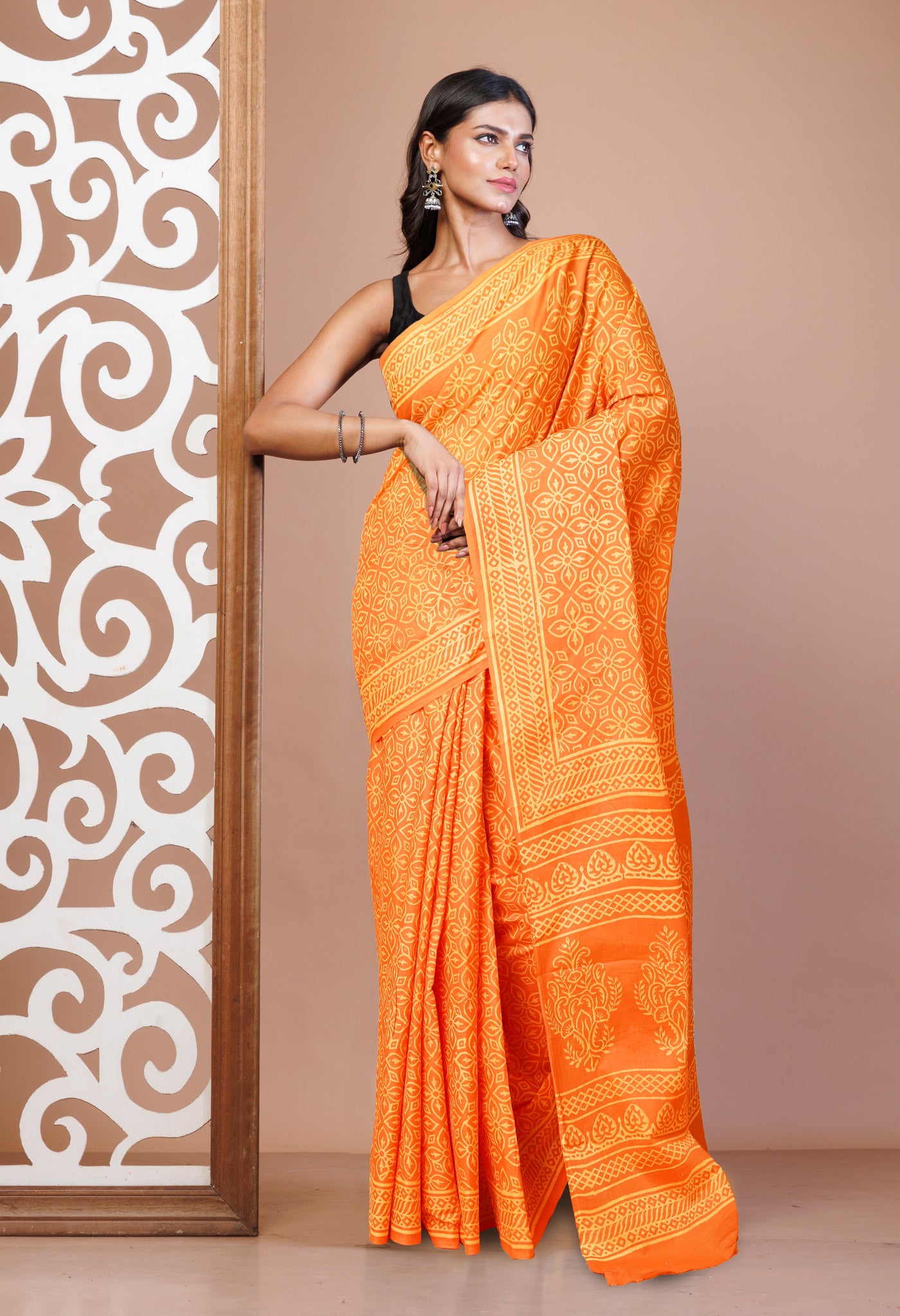 Orange Pure Hand Block Printed Soft Cotton Saree-UNM78185