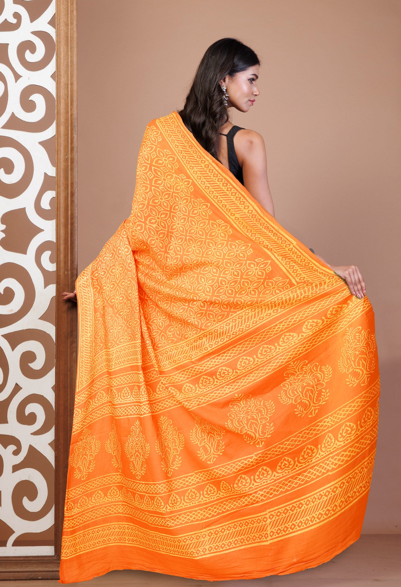 Orange Pure Hand Block Printed Soft Cotton Saree-UNM78185