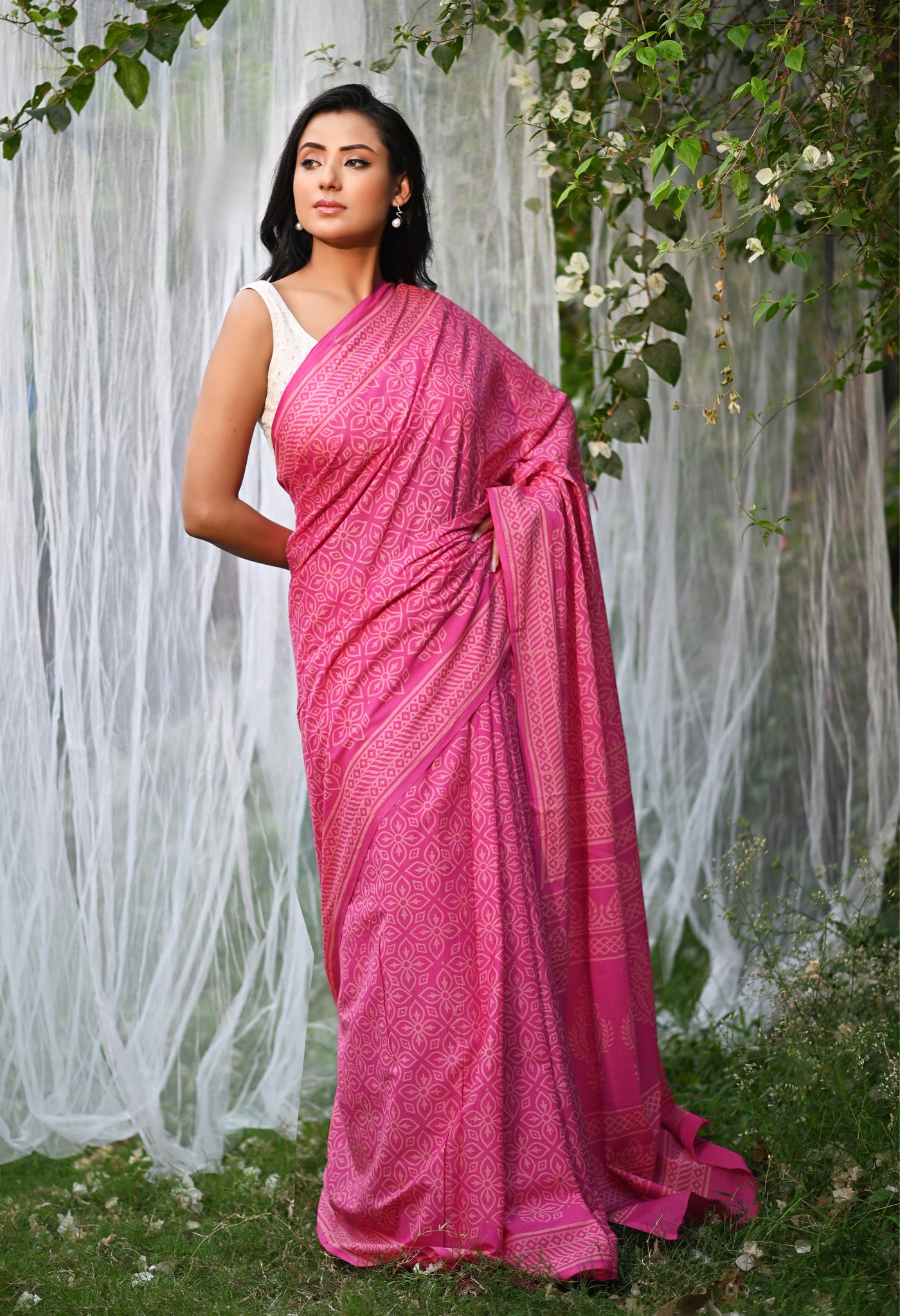 Pink Pure Hand Block Printed Soft Cotton Saree-UNM78188