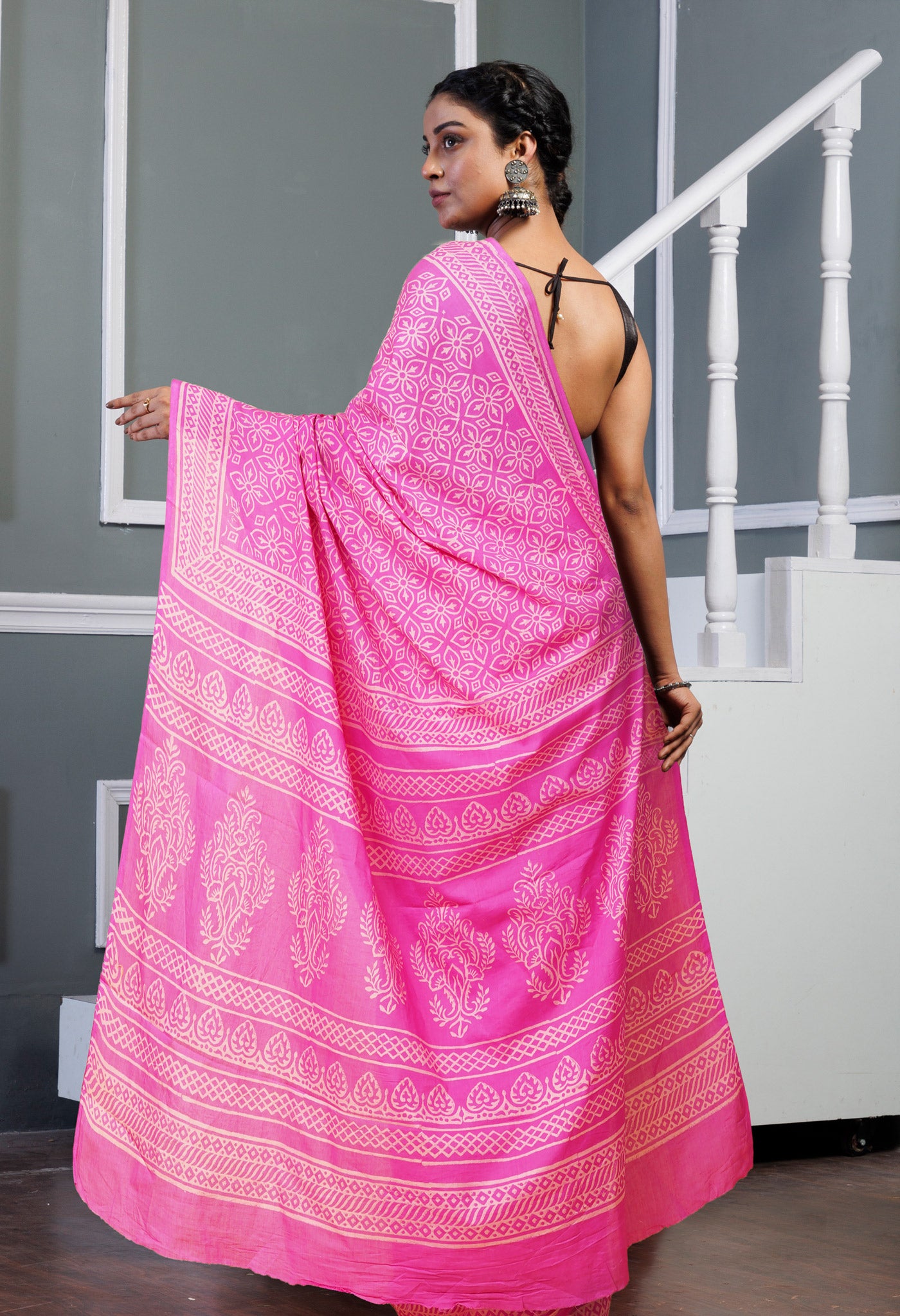 Pink Pure Hand Block Printed Soft Cotton Saree-UNM78188