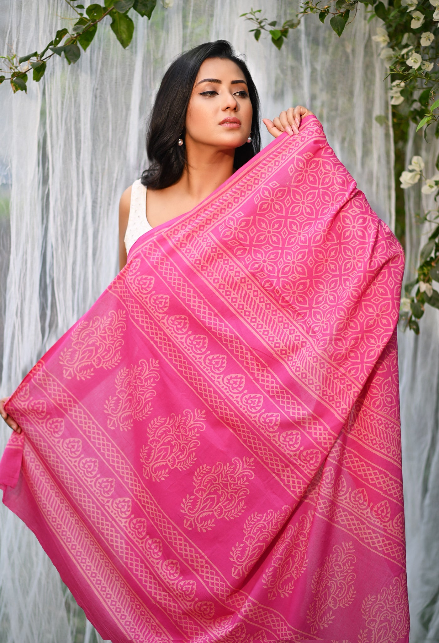 Pink Pure Hand Block Printed Soft Cotton Saree-UNM78188