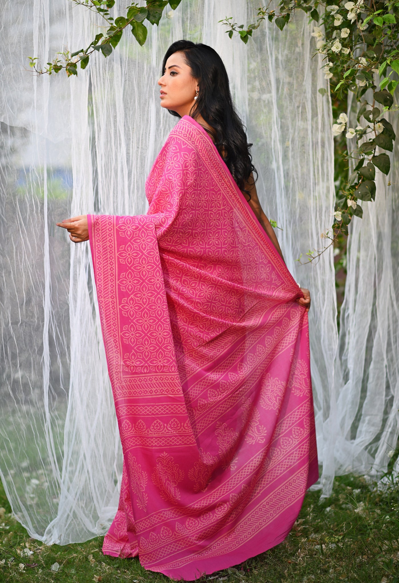 Pink Pure Hand Block Printed Soft Cotton Saree-UNM78188