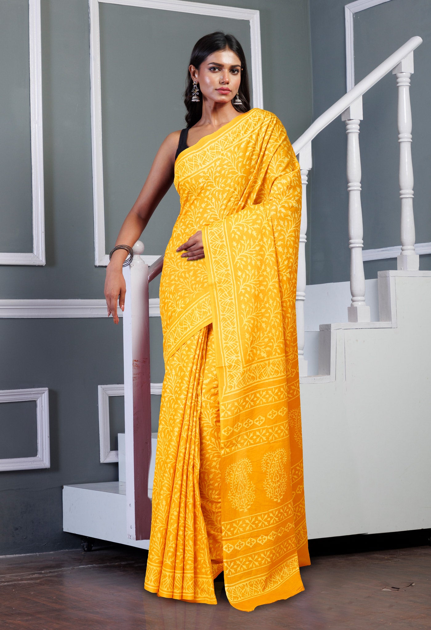 Yellow Pure Hand Block Printed Soft Cotton Saree-UNM78189