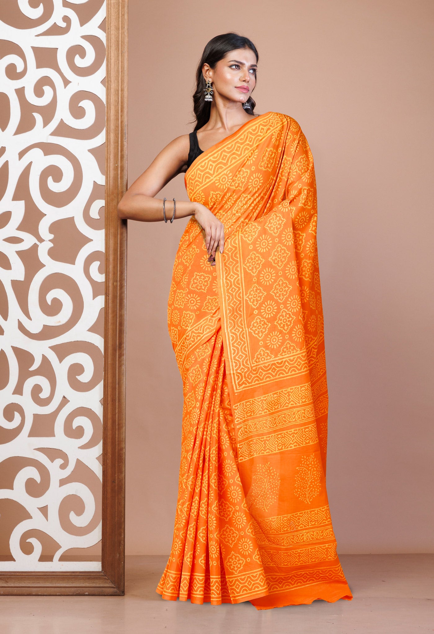 Orange Pure Hand Block Printed Soft Cotton Saree-UNM78190