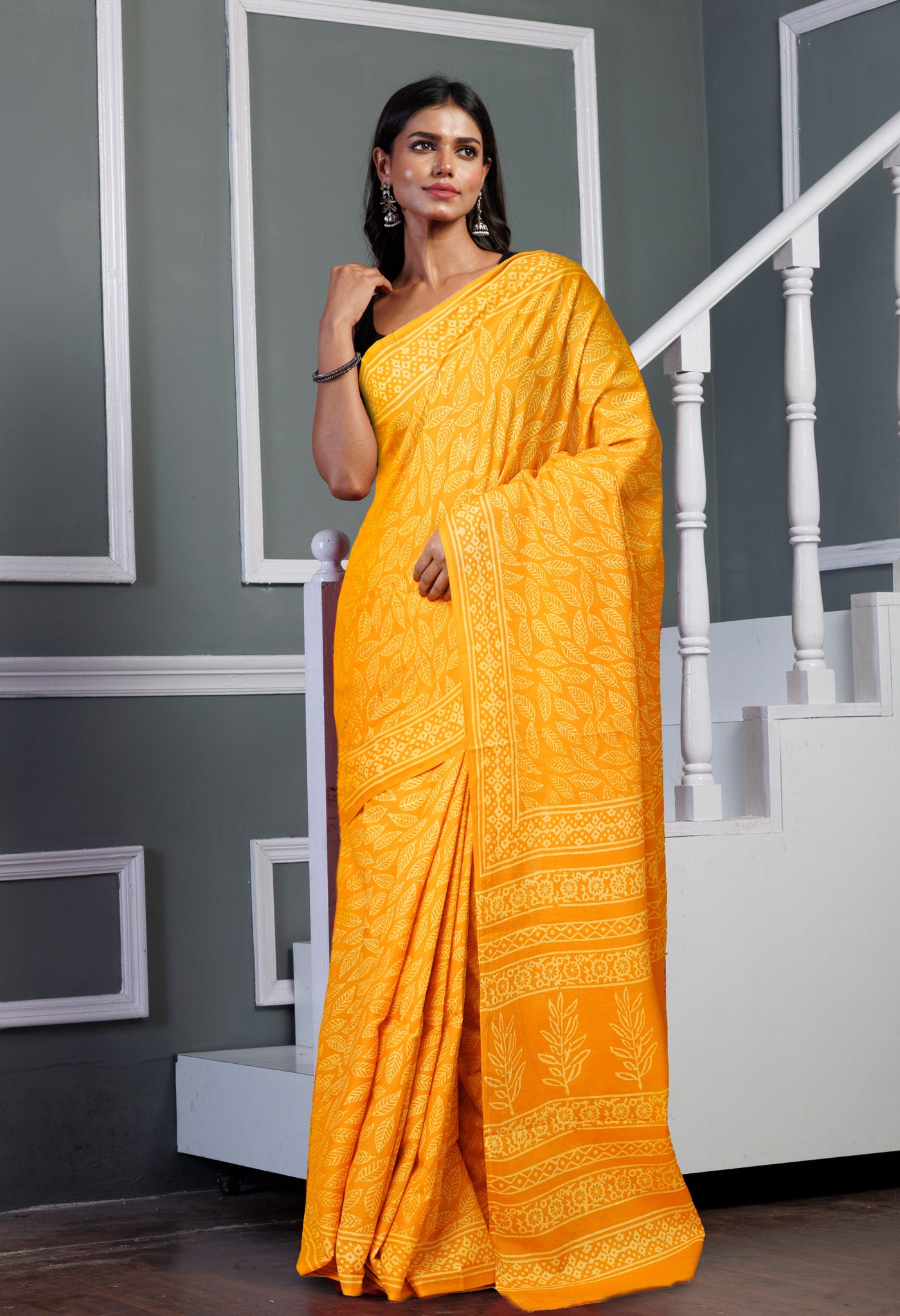 Yellow Pure Hand Block Printed Soft Cotton Saree-UNM78191