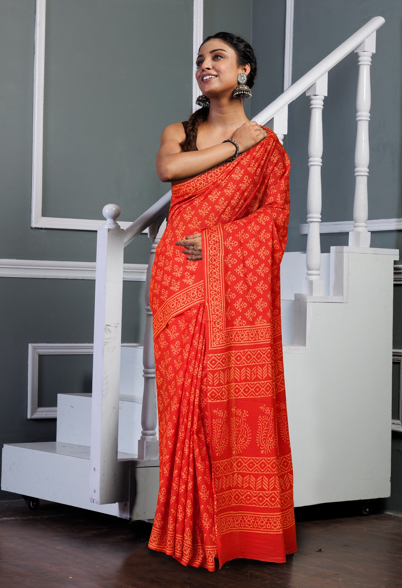 Red Pure Hand Block Printed Soft Cotton Saree-UNM78192