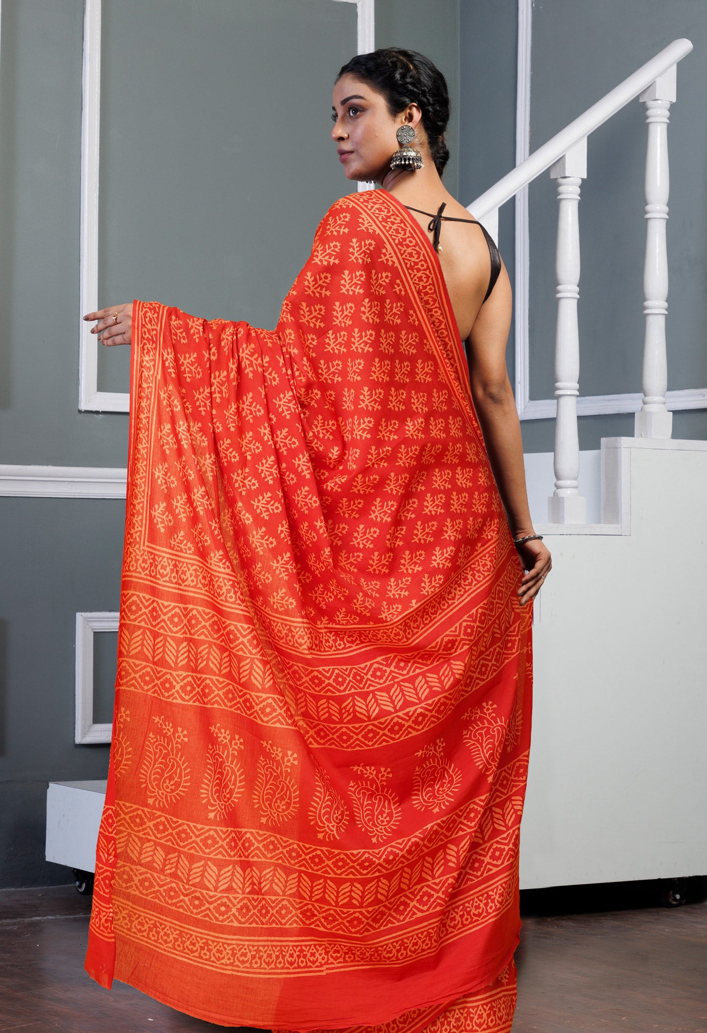 Red Pure Hand Block Printed Soft Cotton Saree-UNM78192