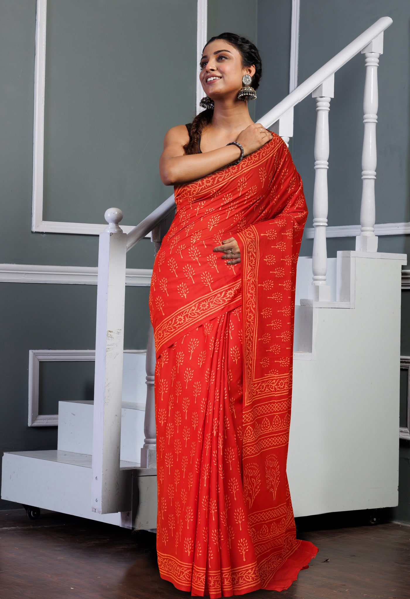 Red Pure Hand Block Printed Soft Cotton Saree-UNM78195