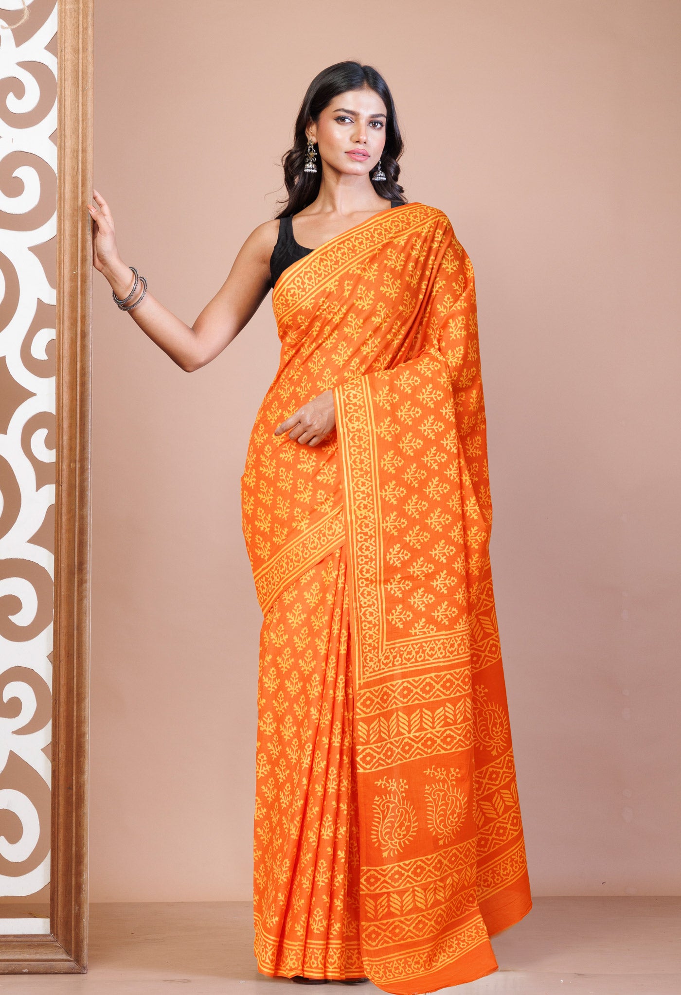 Orange Pure Hand Block Printed Soft Cotton Saree-UNM78199